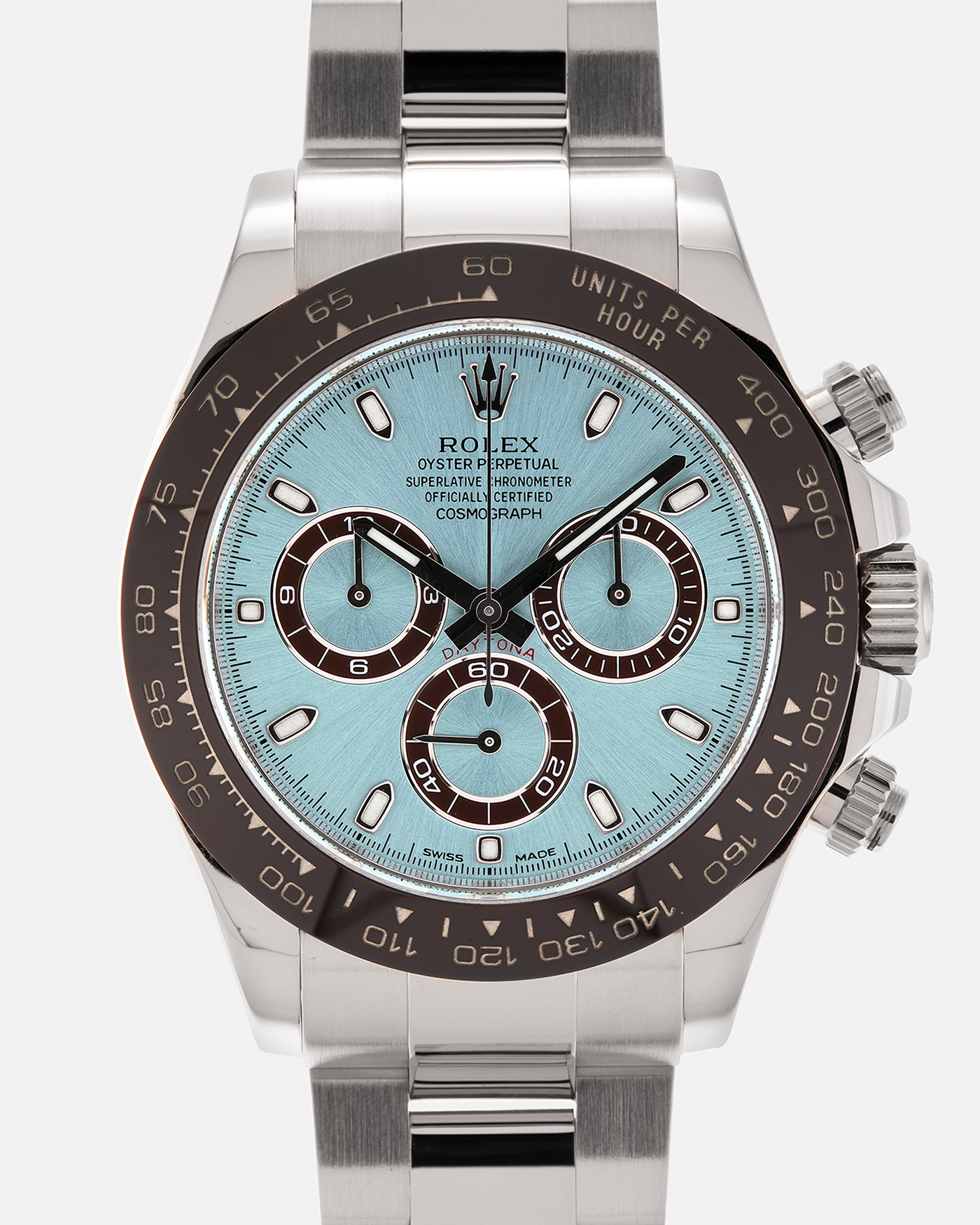 Brand: Rolex
Year: 2020
Model: Cosmograph Daytona
Reference: 116506
Material: Platinum 950
Movement: Rolex Cal. 4130, Self-Winding
Case Dimensions: 40mm x 12.5mm (Lug-to-Lug 47.5mm)
Lug Width: 20mm
Bracelet: Rolex Oyster Platinum Bracelet
