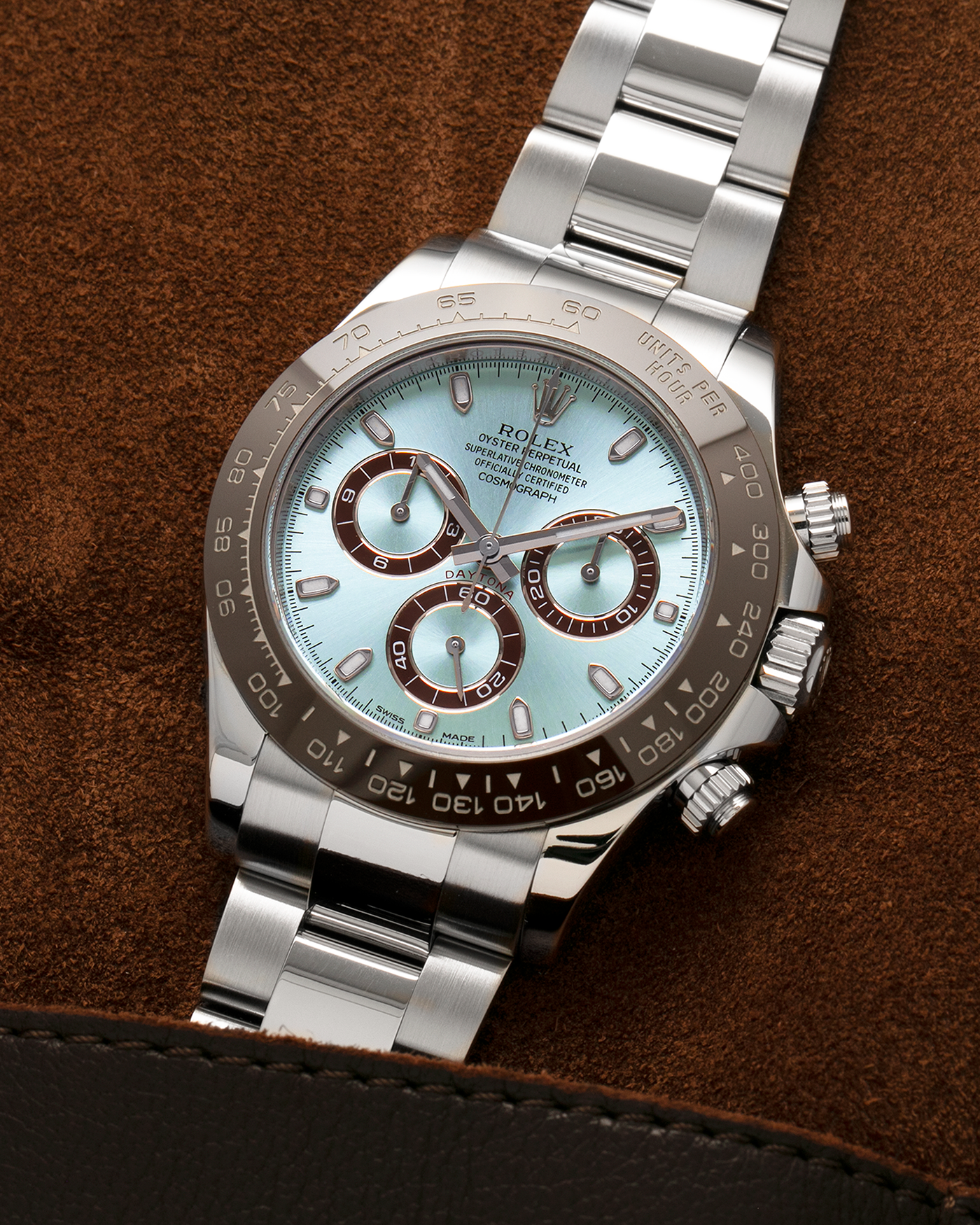 Brand: Rolex
Year: 2020
Model: Cosmograph Daytona
Reference: 116506
Material: Platinum 950
Movement: Rolex Cal. 4130, Self-Winding
Case Dimensions: 40mm x 12.5mm (Lug-to-Lug 47.5mm)
Lug Width: 20mm
Bracelet: Rolex Oyster Platinum Bracelet