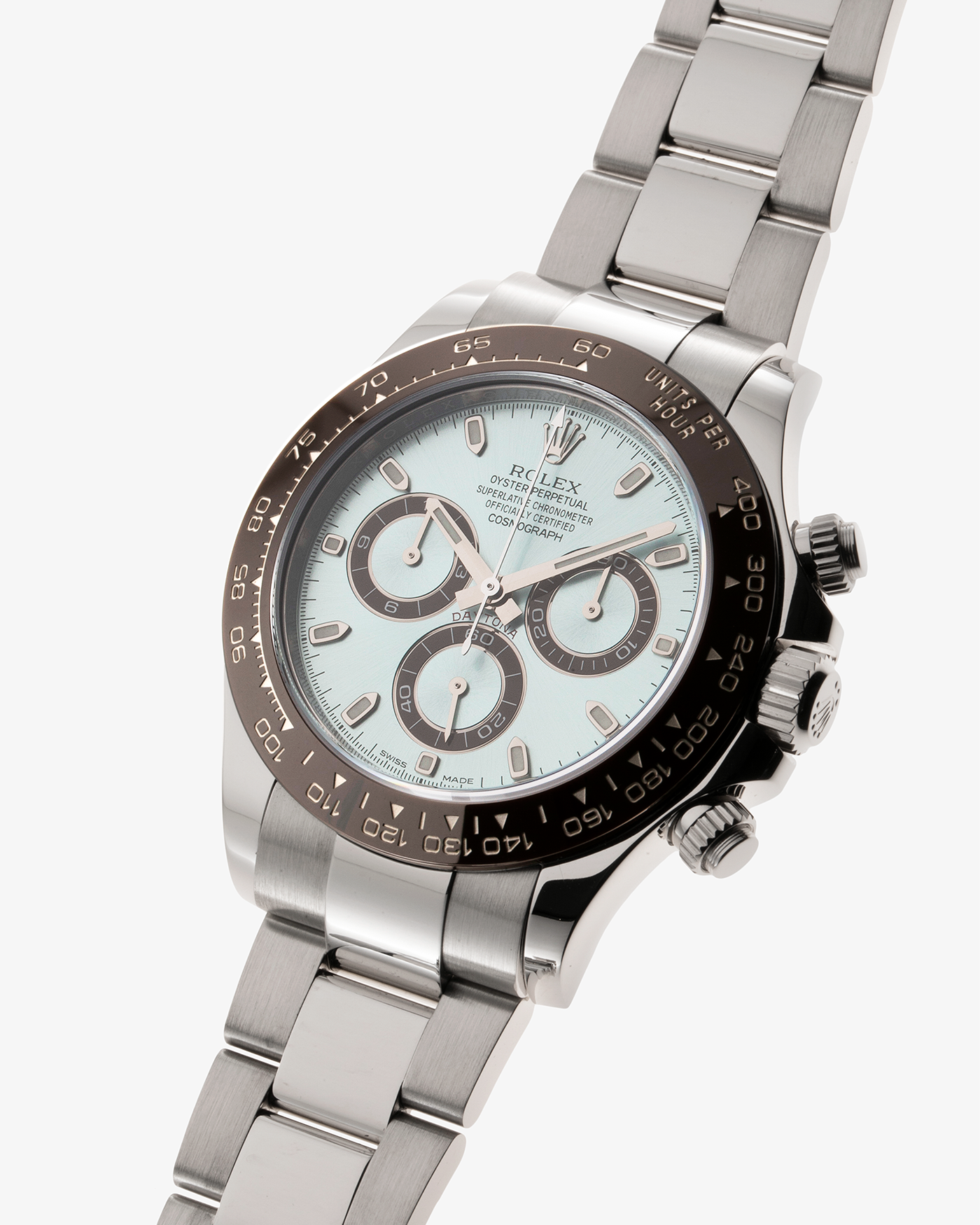 Brand: Rolex Year: 2015 Model: Cosmograph Daytona Reference: 116506 Material: Platinum 950 Movement: Rolex Cal. 4130, Self-Winding Case Diameter: 40mm Strap: Rolex Platinum Oyster Bracelet