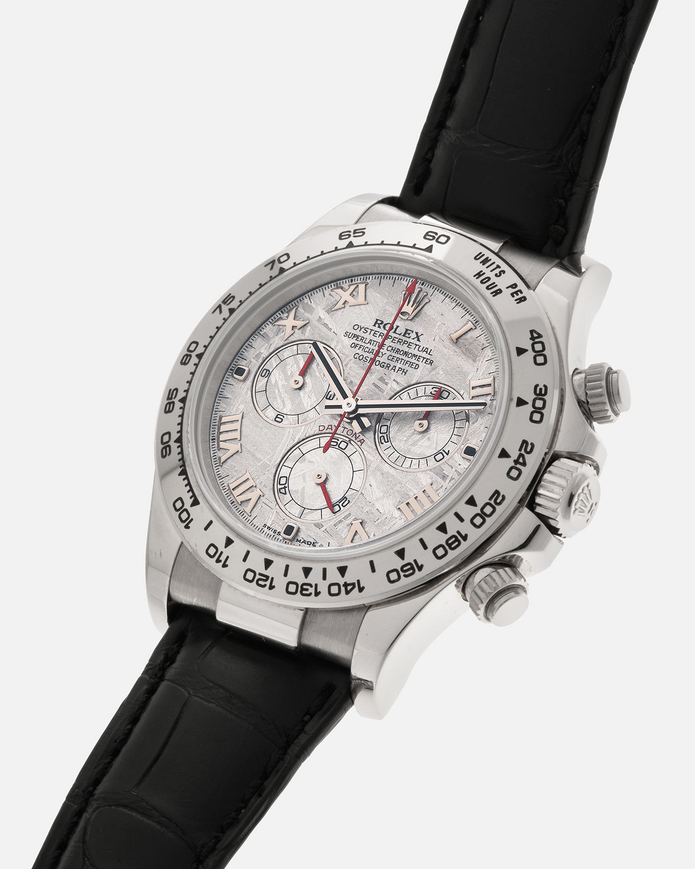 Brand: Rolex
Year: 2009
Model: Cosmograph Daytona ‘Meteorite’
Reference Number: 116519
Serial Number: Z946XXX
Material: 18-carat White Gold
Movement: Rolex Cal. 4130, Self-Winding
Case Diameter: 40mm x 11mm (Lug-to-Lug 47.5mm)
Lug Width: 20mm
Strap: Rolex Black ‘336506’ Leather Strap with 18-carat White Gold Signed ‘24650’ Deployant Clasp