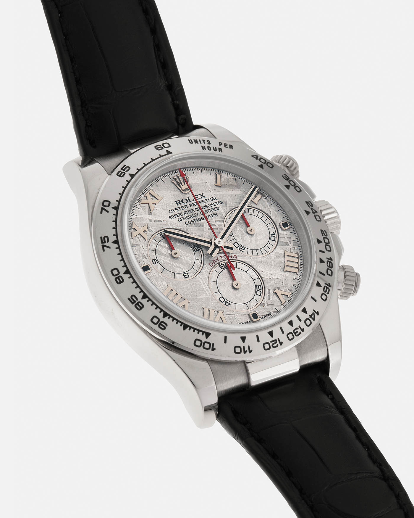 Brand: Rolex
Year: 2009
Model: Cosmograph Daytona ‘Meteorite’
Reference Number: 116519
Serial Number: Z946XXX
Material: 18-carat White Gold
Movement: Rolex Cal. 4130, Self-Winding
Case Diameter: 40mm x 11mm (Lug-to-Lug 47.5mm)
Lug Width: 20mm
Strap: Rolex Black ‘336506’ Leather Strap with 18-carat White Gold Signed ‘24650’ Deployant Clasp