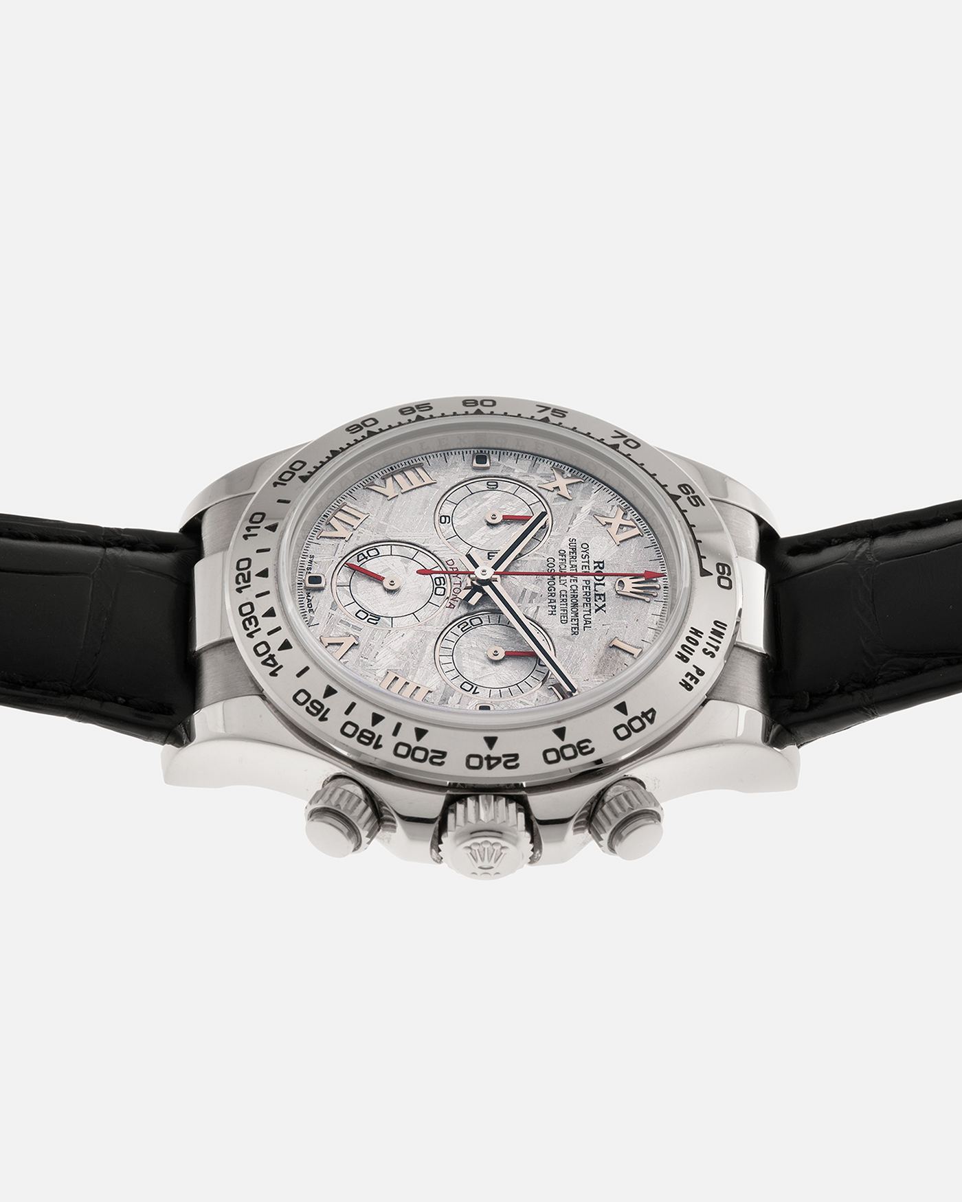Brand: Rolex
Year: 2009
Model: Cosmograph Daytona ‘Meteorite’
Reference Number: 116519
Serial Number: Z946XXX
Material: 18-carat White Gold
Movement: Rolex Cal. 4130, Self-Winding
Case Diameter: 40mm x 11mm (Lug-to-Lug 47.5mm)
Lug Width: 20mm
Strap: Rolex Black ‘336506’ Leather Strap with 18-carat White Gold Signed ‘24650’ Deployant Clasp