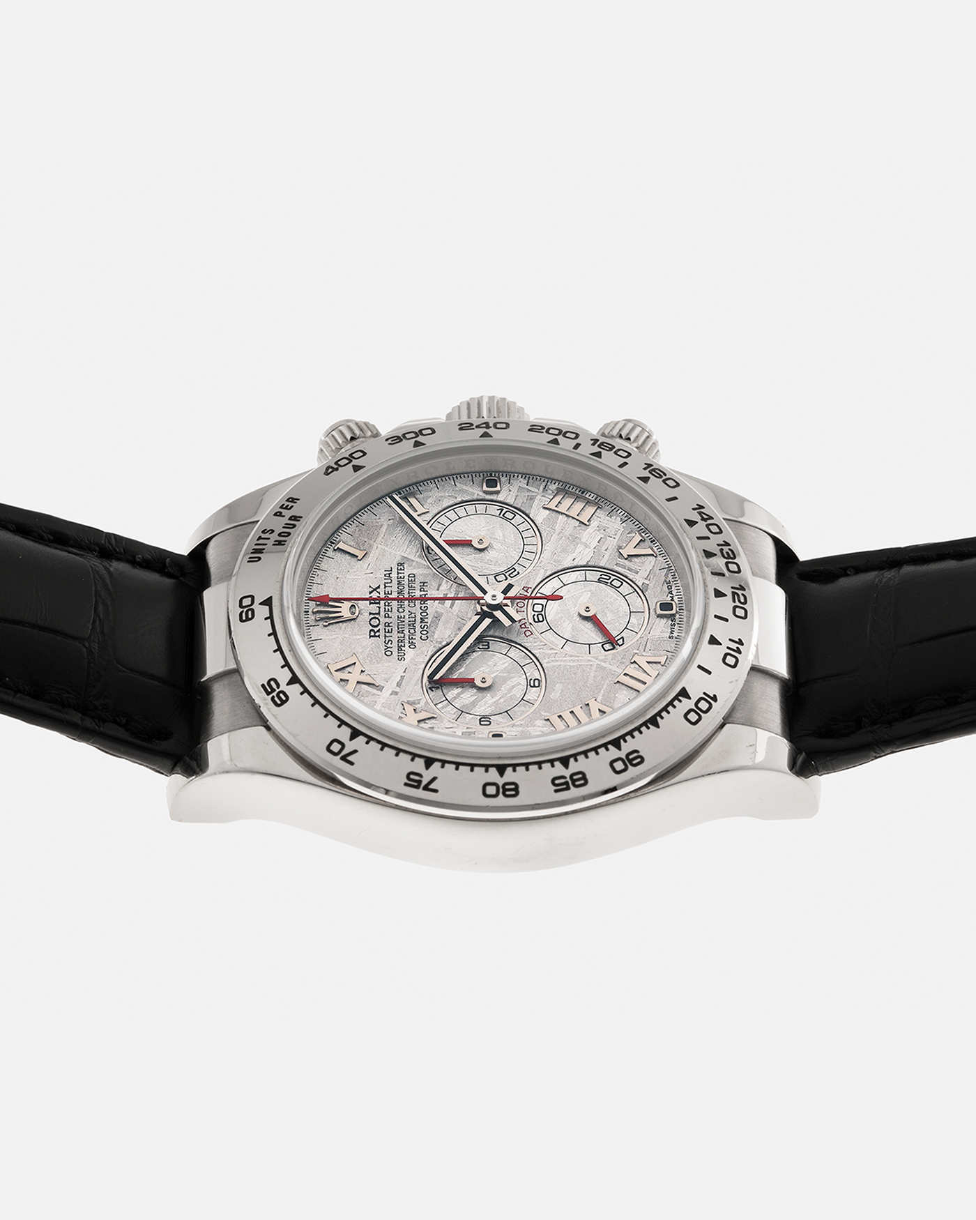 Brand: Rolex
Year: 2009
Model: Cosmograph Daytona ‘Meteorite’
Reference Number: 116519
Serial Number: Z946XXX
Material: 18-carat White Gold
Movement: Rolex Cal. 4130, Self-Winding
Case Diameter: 40mm x 11mm (Lug-to-Lug 47.5mm)
Lug Width: 20mm
Strap: Rolex Black ‘336506’ Leather Strap with 18-carat White Gold Signed ‘24650’ Deployant Clasp