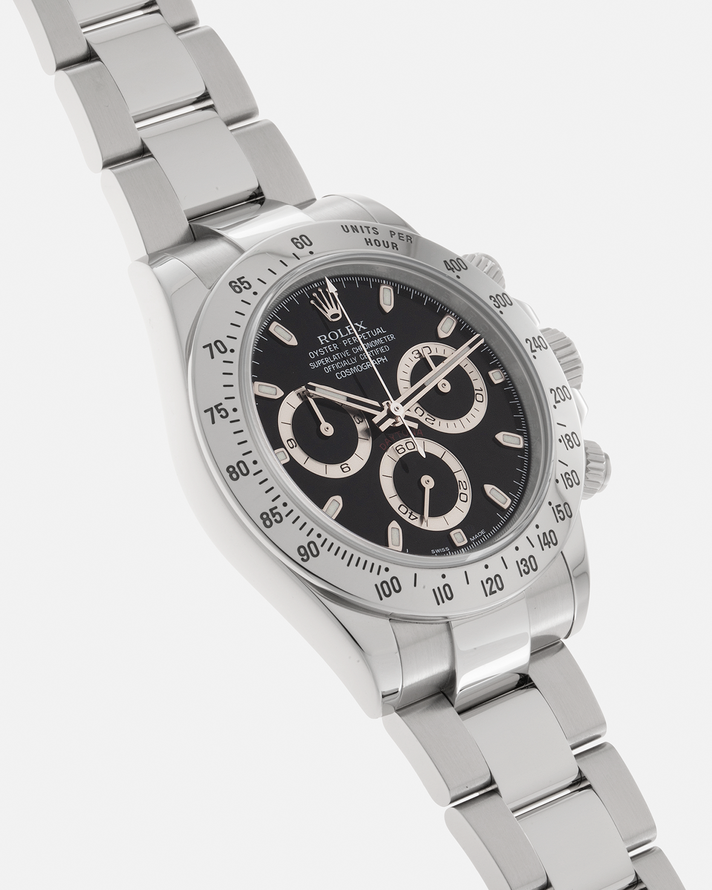 Brand: Rolex Year: 2010s Model: Cosmograph Daytona Reference: 116520 Material: Stainless Steel Movement: Rolex Cal. 4130, Self-Winding Case Diameter: 40mm Lug Width: 20mm Strap: Rolex Stainless Steel Oyster Bracelet with Signed Deployant Clasp