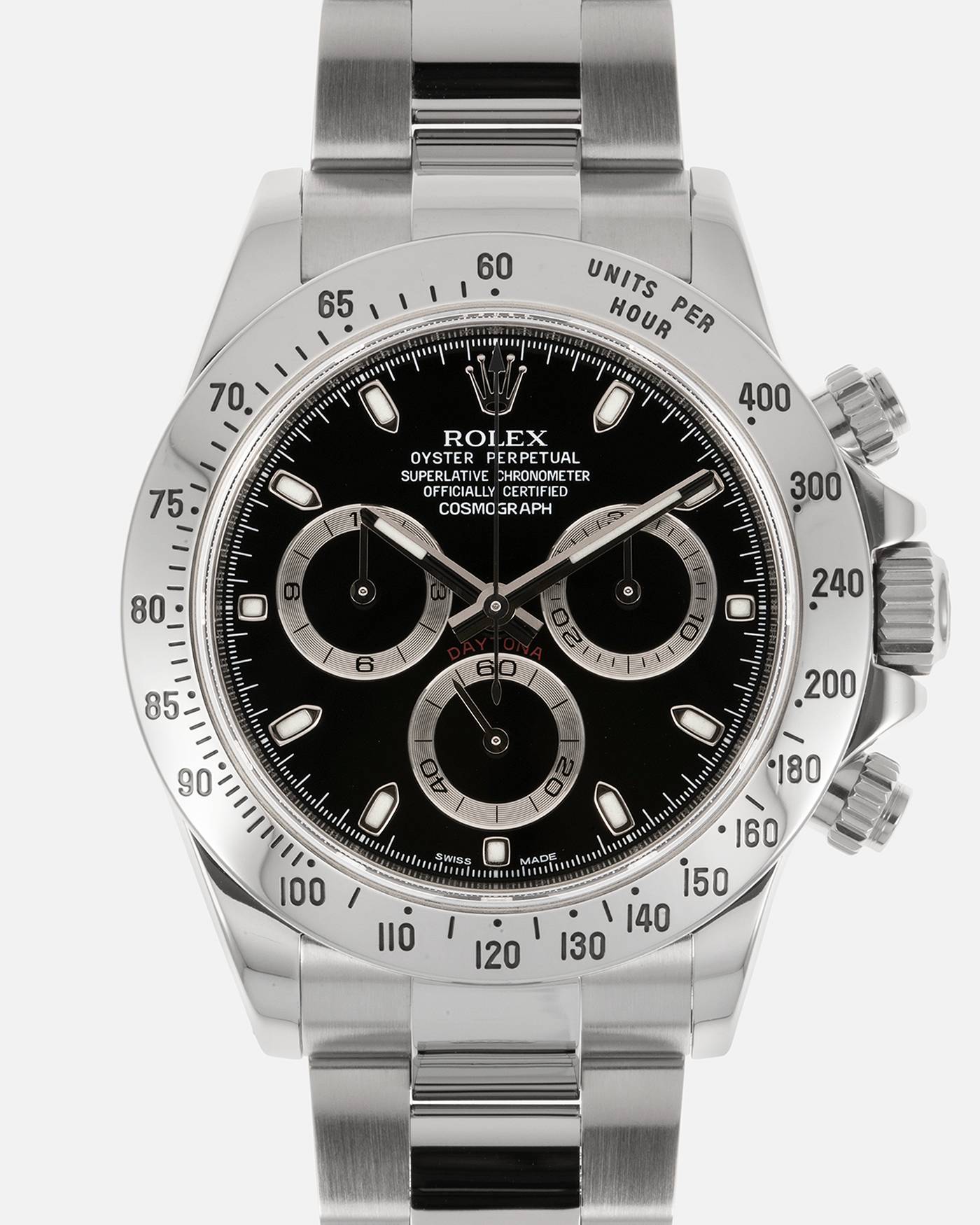 Brand: Rolex Year: 2010s Model: Cosmograph Daytona Reference: 116520 Material: Stainless Steel Movement: Rolex Cal. 4130, Self-Winding Case Diameter: 40mm Lug Width: 20mm Strap: Rolex Stainless Steel Oyster Bracelet with Signed Deployant Clasp