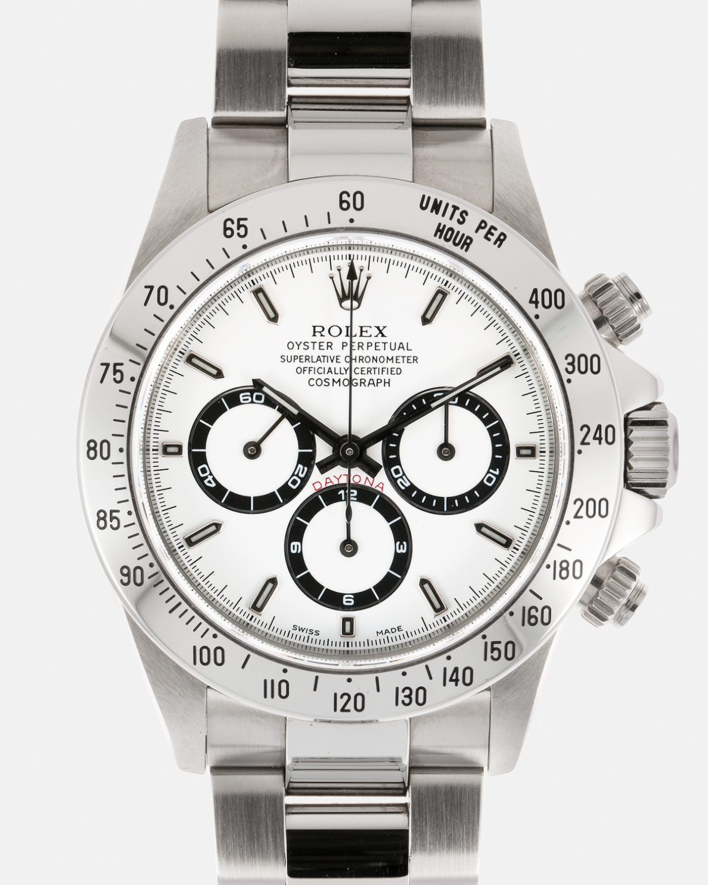 Brand: Rolex Year: 1999 Model: Cosmograph Daytona Reference: 16520 Serial Number: A342XXX Material: Stainless Steel Movement: Rolex (Based on the Zenith El Primero Cal. 400) Cal. 4030, Self-Winding Case Diameter: 40mm Bracelet: Rolex Stainless Steel 78390A Oyster Bracelet