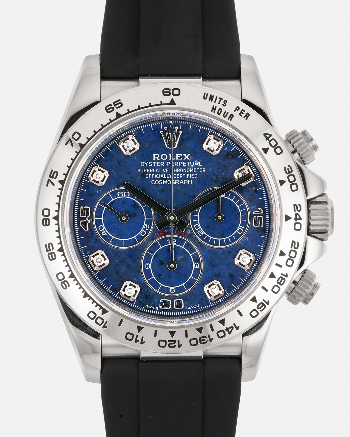 Brand: Rolex Year: 1999 Model: Cosmograph Daytona ‘Sodalite’ Reference: 16519 Serial Number: A112XXX Material: 18-carat White Gold Case, Sodalite Stone Dial, Diamond Hour Markers Movement: Rolex Cal. 4030 (Based on the Zenith El Primero Cal. 400), Self-Winding Case Diameter: 40mm Lug Width: 20mm Strap: Black Caoutchouc Rubber Strap with Signed 18-carat White Gold Deployant Clasp, with additional Swiss ABRT Ultramarine Alligator Leather Strap