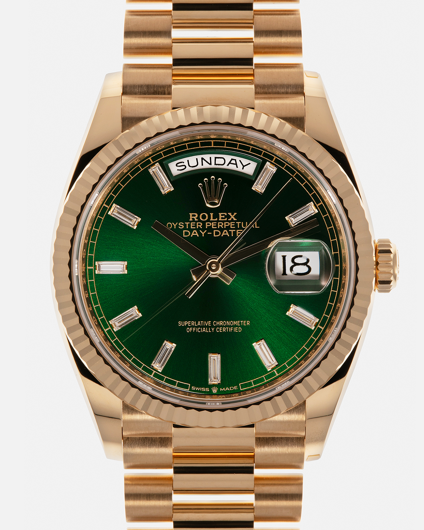 Brand: Rolex
Year: 2024
Model: Day-Date 36 ‘Baguette Diamonds’
Reference Number: 128238
Material: 18-carat Yellow Gold Case, Factory Set Baguette Diamond Hour Markers
Movement: Rolex Cal. 3255, Self-Winding
Case Dimensions: 36mm x 12mm (Lug-to-Lug 43mm)
Lug Width: 20mm
Bracelet: Rolex Presidential Bracelet in 18-carat Yellow Gold with Signed Folding Clasp