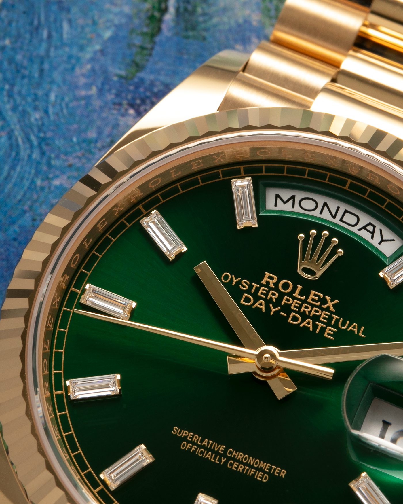Brand: Rolex
Year: 2024
Model: Day-Date 36 ‘Baguette Diamonds’
Reference Number: 128238
Material: 18-carat Yellow Gold Case, Factory Set Baguette Diamond Hour Markers
Movement: Rolex Cal. 3255, Self-Winding
Case Dimensions: 36mm x 12mm (Lug-to-Lug 43mm)
Lug Width: 20mm
Bracelet: Rolex Presidential Bracelet in 18-carat Yellow Gold with Signed Folding Clasp