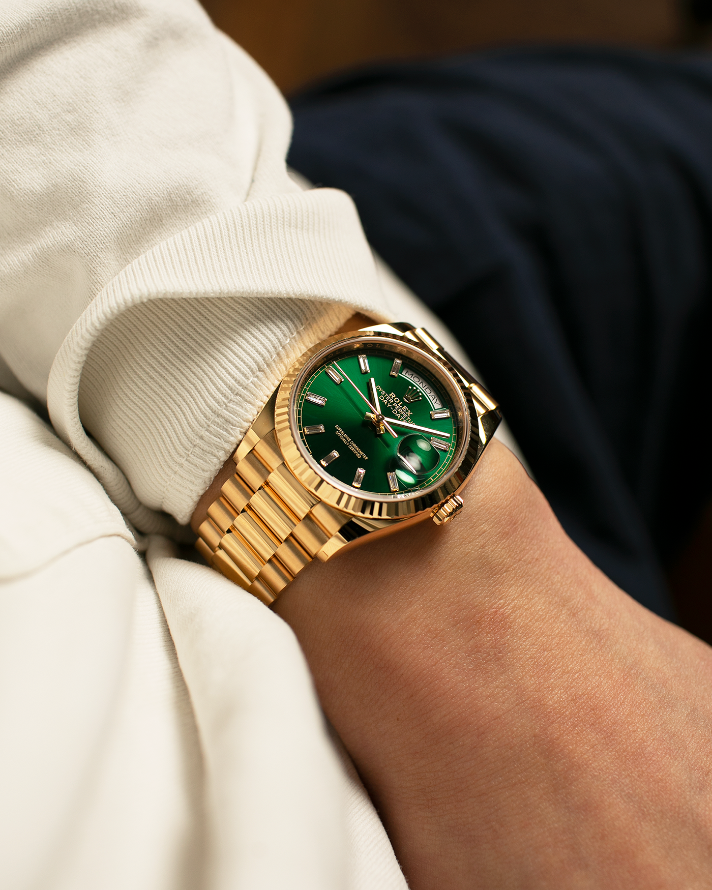 Brand: Rolex
Year: 2024
Model: Day-Date 36 ‘Baguette Diamonds’
Reference Number: 128238
Material: 18-carat Yellow Gold Case, Factory Set Baguette Diamond Hour Markers
Movement: Rolex Cal. 3255, Self-Winding
Case Dimensions: 36mm x 12mm (Lug-to-Lug 43mm)
Lug Width: 20mm
Bracelet: Rolex Presidential Bracelet in 18-carat Yellow Gold with Signed Folding Clasp