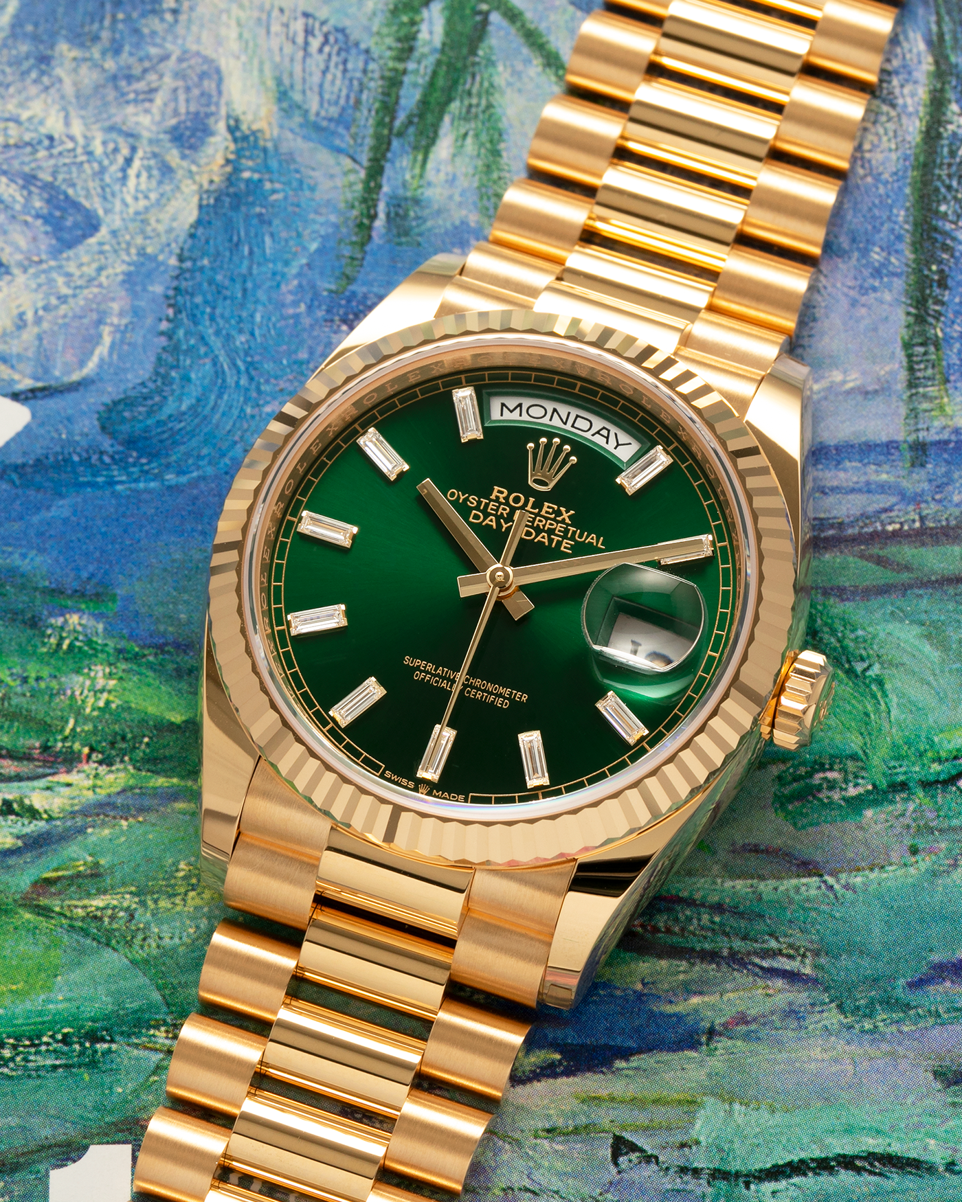 Rolex Day-Date 128238 Green Dial Baguette Diamonds Watch | S.Song Rolex Day-Date 128238 Green Dial Baguette Diamonds Watch | S.Song