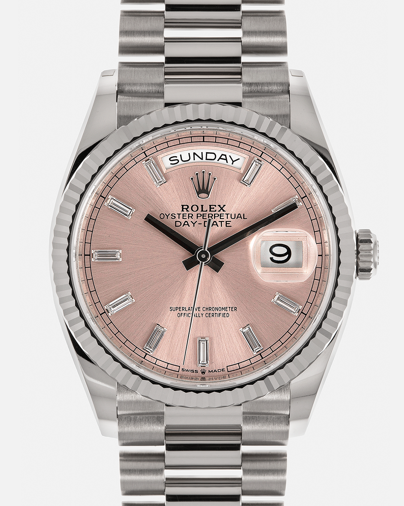 Brand: Rolex
Year: 2025
Model: Day-Date 36 ‘Baguette Diamonds’
Reference Number: 128239
Material: 18-carat White Gold Case, Factory Set Baguette Diamond Hour Markers
Movement: Rolex Cal. 3255, Self-Winding
Case Dimensions: 36mm x 12mm (Lug-to-Lug 43mm)
Lug Width: 20mm
Bracelet: Rolex Presidential Bracelet in 18-carat White Gold with Signed Folding Clasp