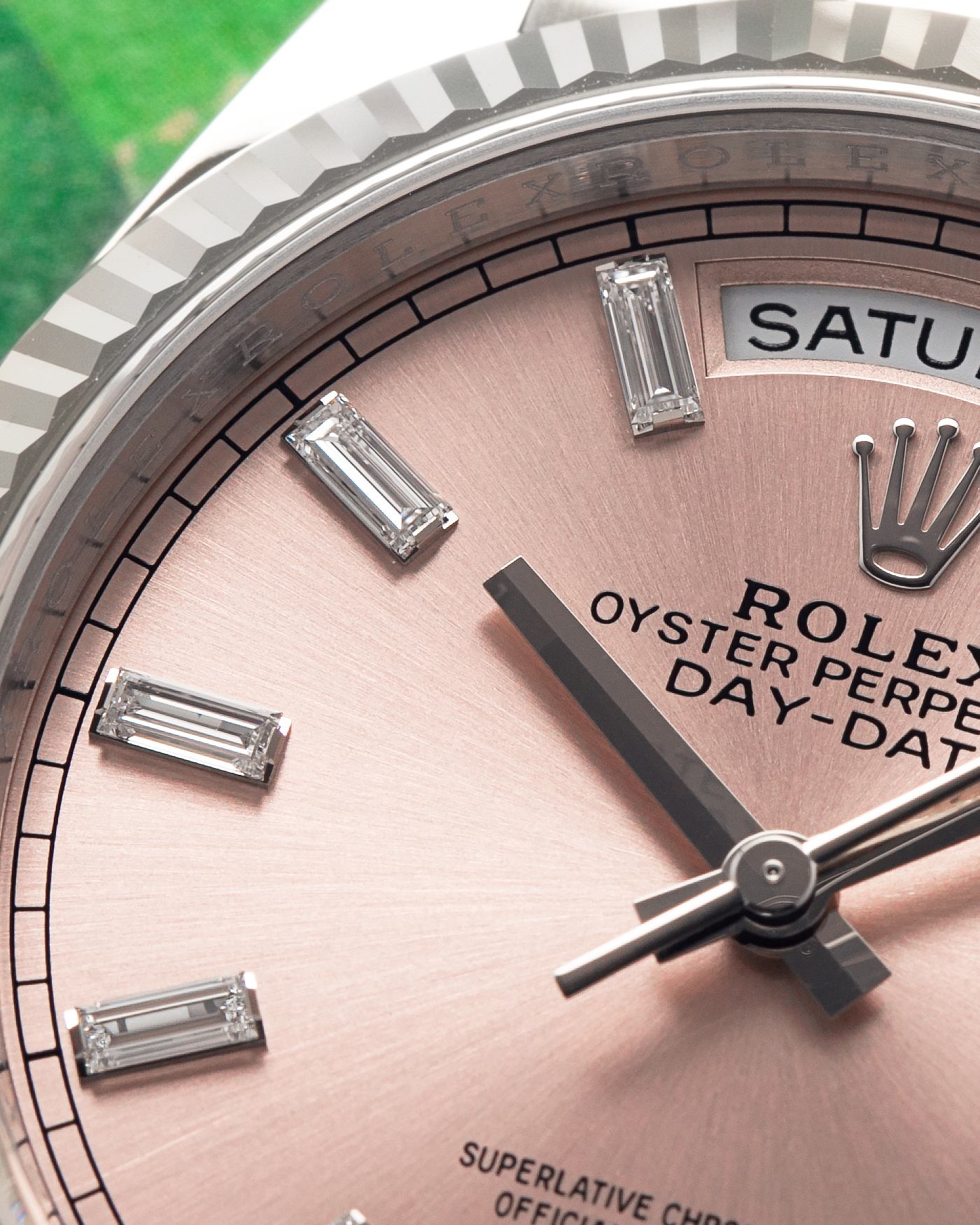 Brand: Rolex
Year: 2025
Model: Day-Date 36 ‘Baguette Diamonds’
Reference Number: 128239
Material: 18-carat White Gold Case, Factory Set Baguette Diamond Hour Markers
Movement: Rolex Cal. 3255, Self-Winding
Case Dimensions: 36mm x 12mm (Lug-to-Lug 43mm)
Lug Width: 20mm
Bracelet: Rolex Presidential Bracelet in 18-carat White Gold with Signed Folding Clasp