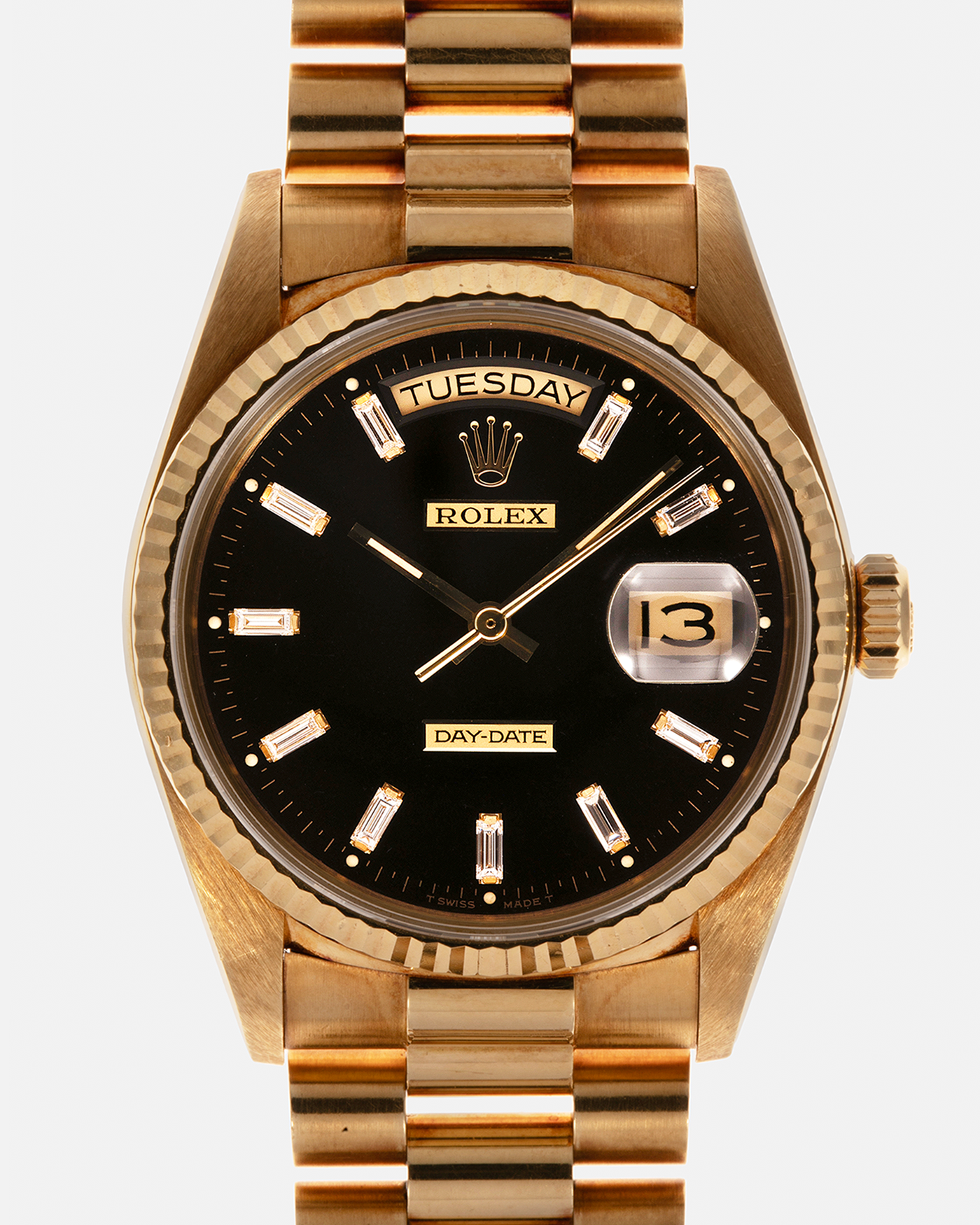 Brand: Rolex
Year: 1988
Model: Day-Date
Reference Number: 18038
Serial: R837XXX
Material: 18-carat Yellow Gold
Movement: Rolex Cal. 3055, Self-Winding
Case Diameter: 36mm x 12mm (43mm Lug-to-Lug)
Lug Width: 20mm
Bracelet: Rolex 18-carat Yellow Gold Presidential Bracelet with ‘M6’ Marked Clasp