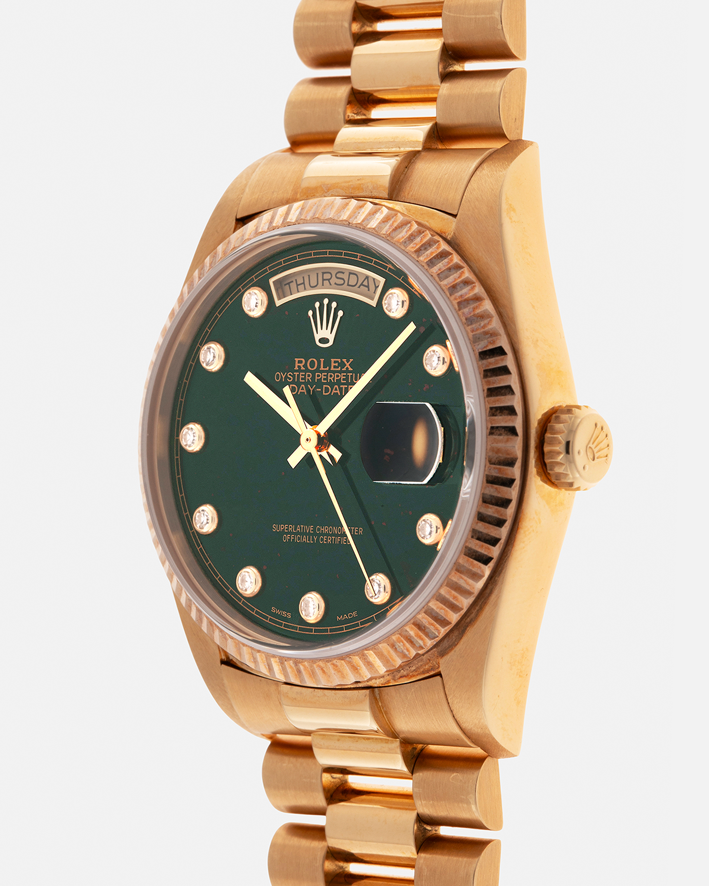 Brand: Rolex
Year: 1987
Model: Day-Date
Reference Number: 18038
Serial Number: 989XXXX
Material: 18-carat Yellow Gold
Movement: Rolex Cal. 3055, Self-Winding
Case Dimensions: 36mm x 12.5mm (Lug-to-Lug 43mm)
Lug Width: 20mm
Bracelet: Rolex Presidential Bracelet in 18-carat Yellow Gold with ‘55’ Curved Endlinks