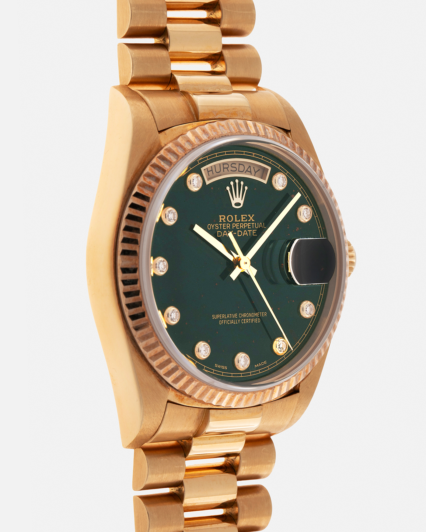 Brand: Rolex
Year: 1987
Model: Day-Date
Reference Number: 18038
Serial Number: 989XXXX
Material: 18-carat Yellow Gold
Movement: Rolex Cal. 3055, Self-Winding
Case Dimensions: 36mm x 12.5mm (Lug-to-Lug 43mm)
Lug Width: 20mm
Bracelet: Rolex Presidential Bracelet in 18-carat Yellow Gold with ‘55’ Curved Endlinks