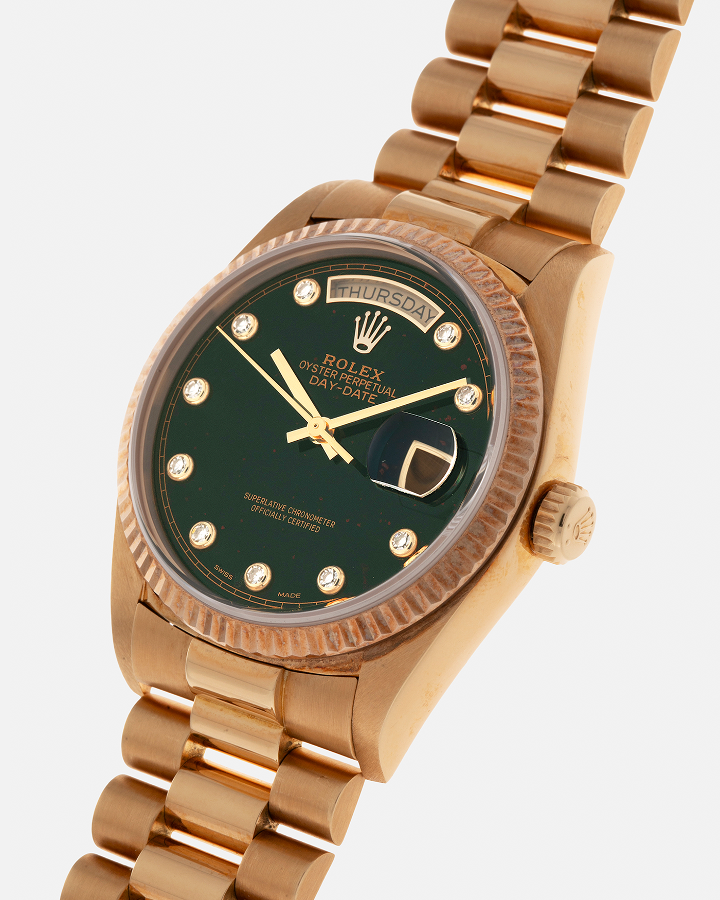 Brand: Rolex
Year: 1987
Model: Day-Date
Reference Number: 18038
Serial Number: 989XXXX
Material: 18-carat Yellow Gold
Movement: Rolex Cal. 3055, Self-Winding
Case Dimensions: 36mm x 12.5mm (Lug-to-Lug 43mm)
Lug Width: 20mm
Bracelet: Rolex Presidential Bracelet in 18-carat Yellow Gold with ‘55’ Curved Endlinks