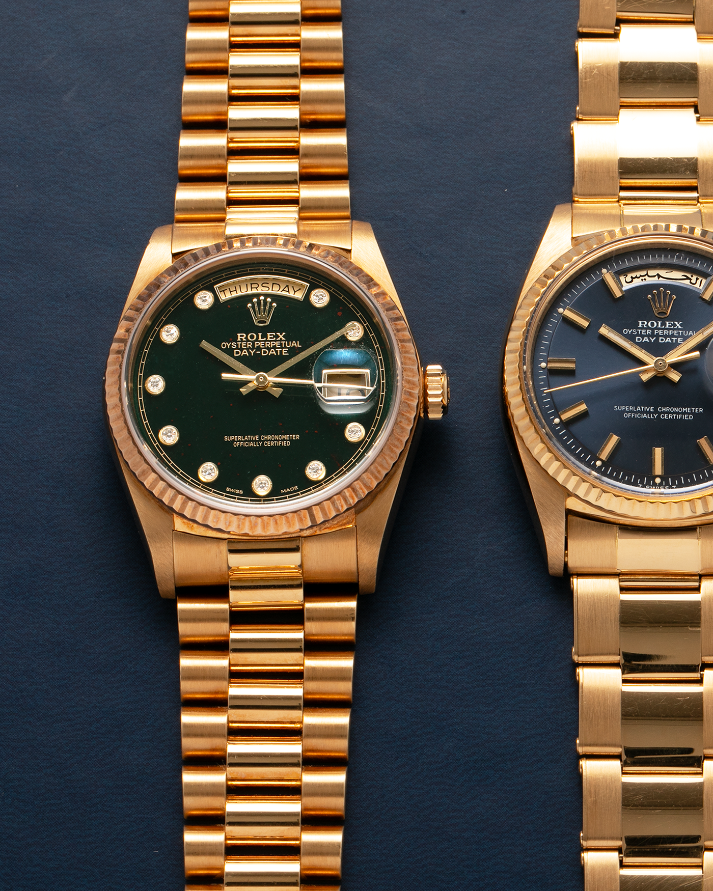 Brand: Rolex
Year: 1987
Model: Day-Date
Reference Number: 18038
Serial Number: 989XXXX
Material: 18-carat Yellow Gold
Movement: Rolex Cal. 3055, Self-Winding
Case Dimensions: 36mm x 12.5mm (Lug-to-Lug 43mm)
Lug Width: 20mm
Bracelet: Rolex Presidential Bracelet in 18-carat Yellow Gold with ‘55’ Curved Endlinks