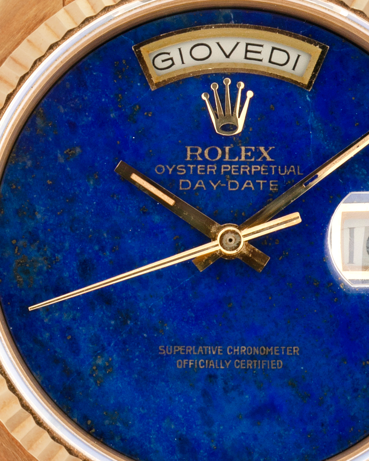 Brand: Rolex
Year: 1979
Model: Day-Date
Reference Number: 18038
Serial: 6217XXX
Material: 18-carat Yellow Gold
Movement: Rolex Cal. 3055, Self-Winding
Case Diameter: 36mm x 12mm (43mm Lug-to-Lug)
Lug Width: 20mm
Bracelet:  Rolex ‘8385’ 18-carat Yellow Gold Presidential Bracelet with ‘55’ Curved End Links and Signed Clasp