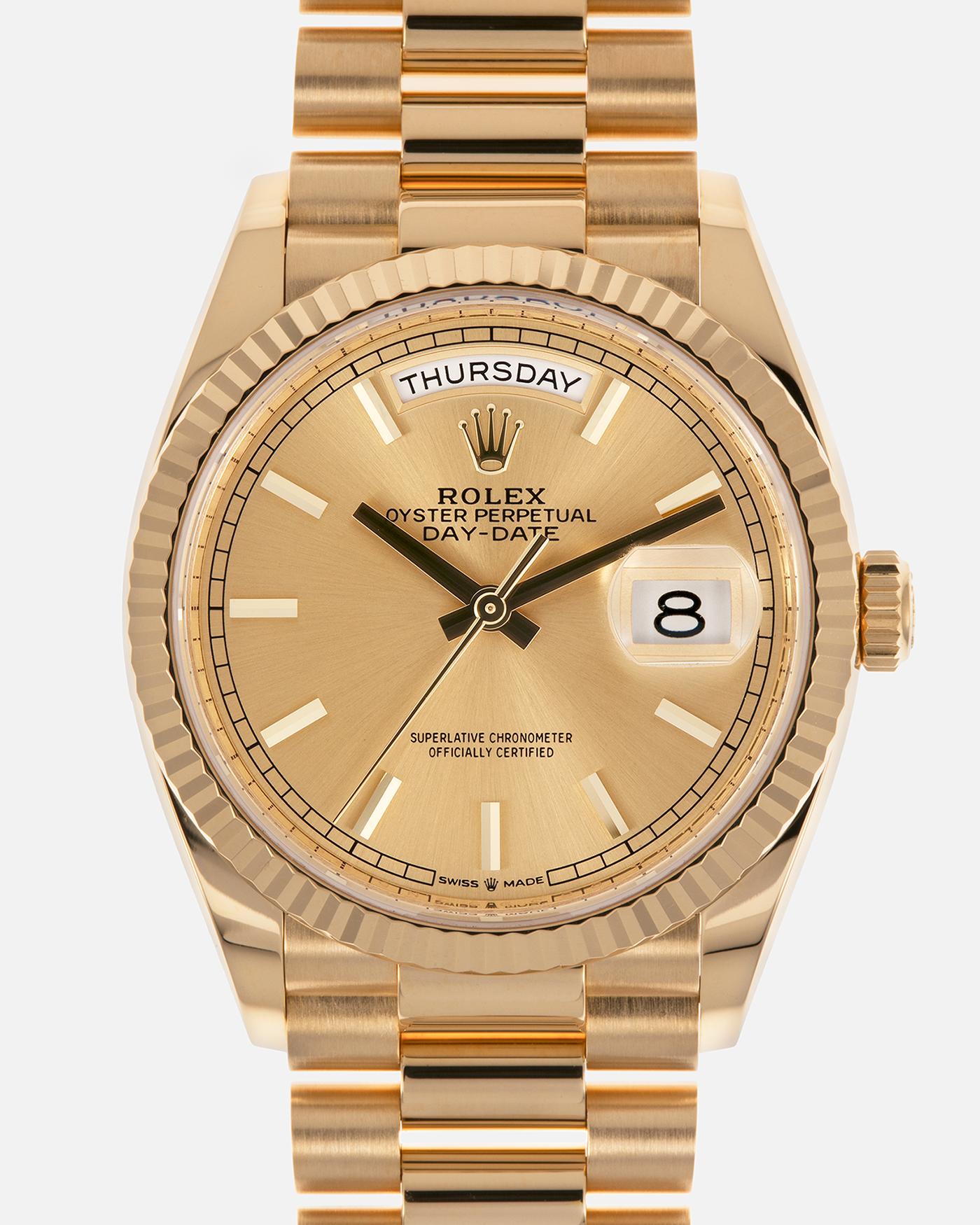 Brand: Rolex
Year: 2020
Model: Day-Date 36 ‘Champagne Dial’
Reference Number: 128238
Material: 18-carat Yellow Gold
Movement: Rolex Cal. 3255, Self-Winding
Case Dimensions: 36mm x 12mm (Lug-to-Lug 43mm)
Lug Width: 20mm
Bracelet: Rolex Presidential Bracelet in 18-carat Yellow Gold with Signed Folding Clasp