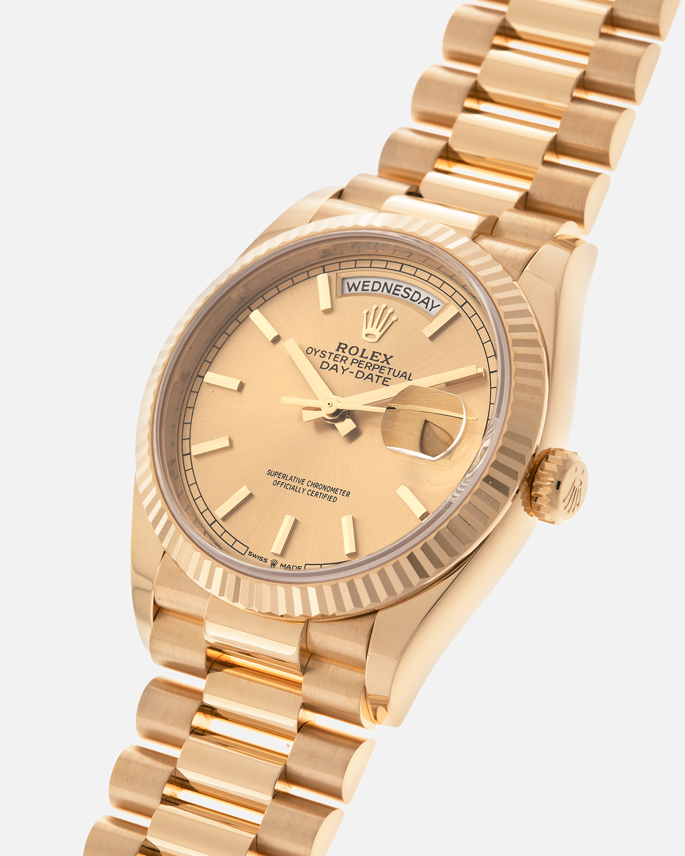 Brand: Rolex
Year: 2020
Model: Day-Date 36 ‘Champagne Dial’
Reference Number: 128238
Material: 18-carat Yellow Gold
Movement: Rolex Cal. 3255, Self-Winding
Case Dimensions: 36mm x 12mm (Lug-to-Lug 43mm)
Lug Width: 20mm
Bracelet: Rolex Presidential Bracelet in 18-carat Yellow Gold with Signed Folding Clasp