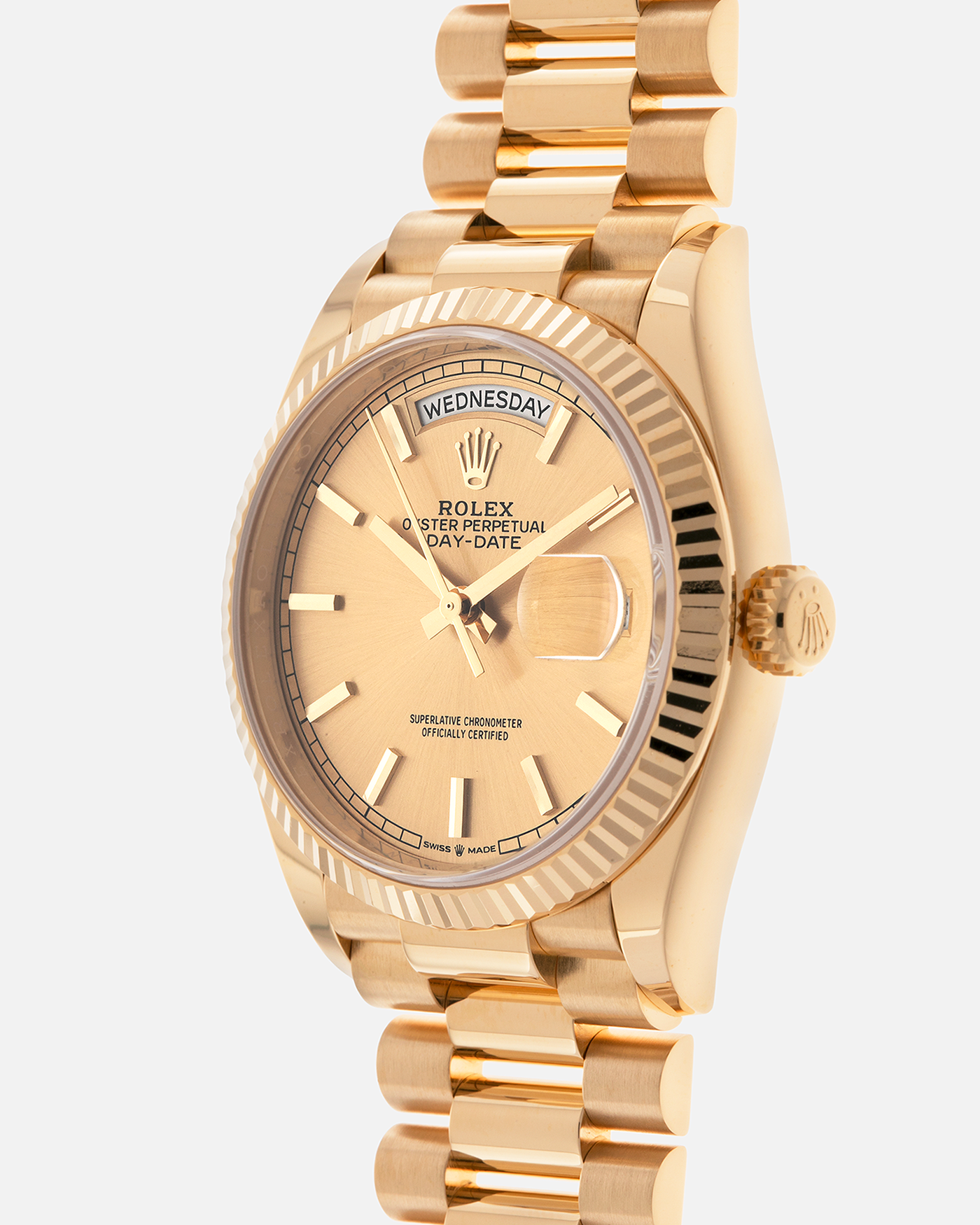 Brand: Rolex
Year: 2020
Model: Day-Date 36 ‘Champagne Dial’
Reference Number: 128238
Material: 18-carat Yellow Gold
Movement: Rolex Cal. 3255, Self-Winding
Case Dimensions: 36mm x 12mm (Lug-to-Lug 43mm)
Lug Width: 20mm
Bracelet: Rolex Presidential Bracelet in 18-carat Yellow Gold with Signed Folding Clasp