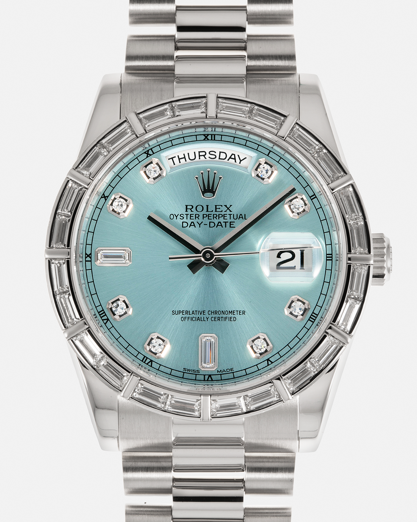 Brand: Rolex Year: 2010s Model: Day-Date 36 ‘Ice Blue’ Baguette Bezel Reference Number: 118366 Material: Platinum 950 Case, Factory Set Baguette Diamond Bezel and Diamond Hour Markers Movement: Rolex Cal. 3155, Self-Winding Case Diameter: 36mm Bracelet: Rolex Presidential Bracelet in Platinum 950