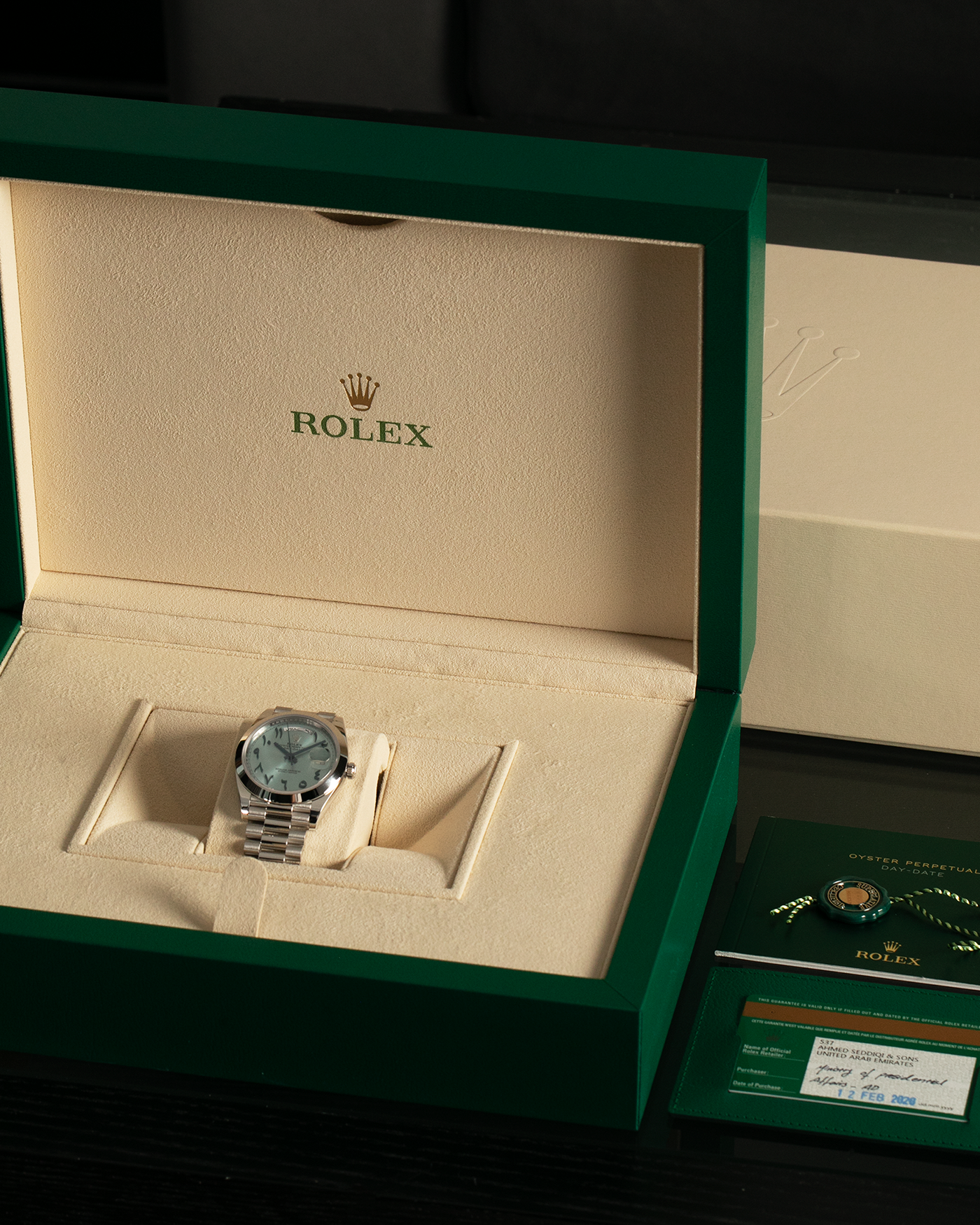 Brand: Rolex Year: 2020 Model: Day-Date 40 ‘Arabic’ Reference Number: 228206 Serial Number: K8K2XXXX Material: Platinum 950 Movement: Rolex Cal. 3255, Self-Winding Case Diameter: 40mm Bracelet: Rolex Presidential Bracelet in Platinum 950