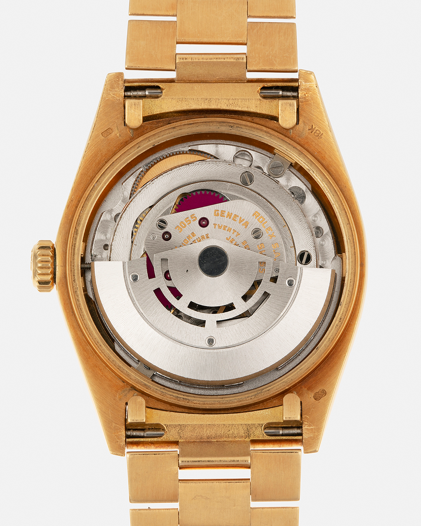Brand: Rolex
Year: 1979
Model: Day-Date
Reference Number: 18038
Serial: 6217XXX
Material: 18-carat Yellow Gold
Movement: Rolex Cal. 3055, Self-Winding
Case Diameter: 36mm x 12mm (43mm Lug-to-Lug)
Lug Width: 20mm
Bracelet:  Rolex ‘8385’ 18-carat Yellow Gold Presidential Bracelet with ‘55’ Curved End Links and Signed Clasp