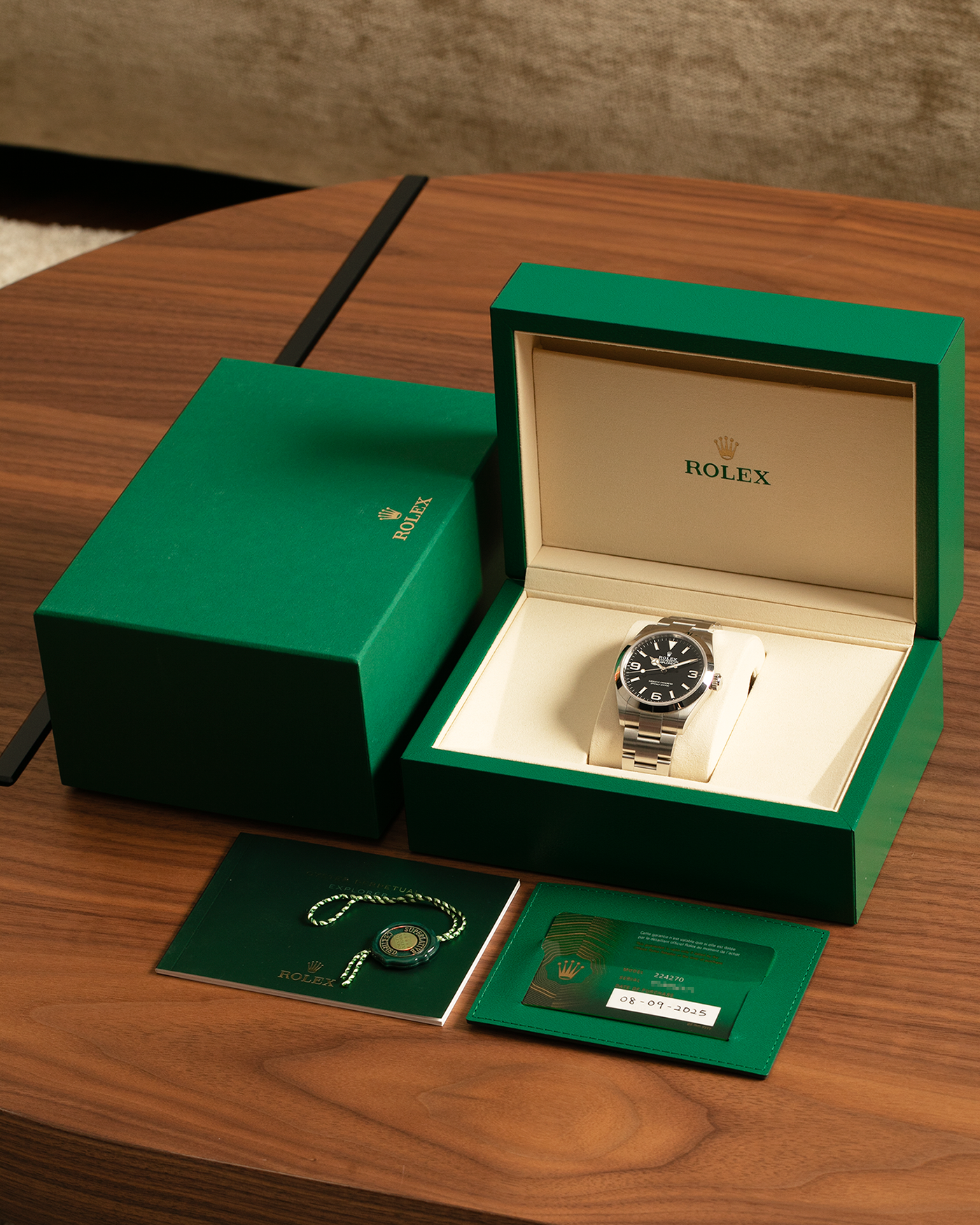 Brand: Rolex
Year: 2025
Model: Oyster Perpetual Explorer I
Reference: 224270
Case Material: Oystersteel (904L Stainless Steel)
Movement: Rolex Cal. 3230, Self-Winding
Case Dimensions: 40mm x 11.6mm (Lug-to-Lug 47.5mm)
Lug Width: 21mm
Bracelet: Rolex Oyster Bracelet in Oystersteel with Signed Oysterlock Clasp and Easylink Extension System