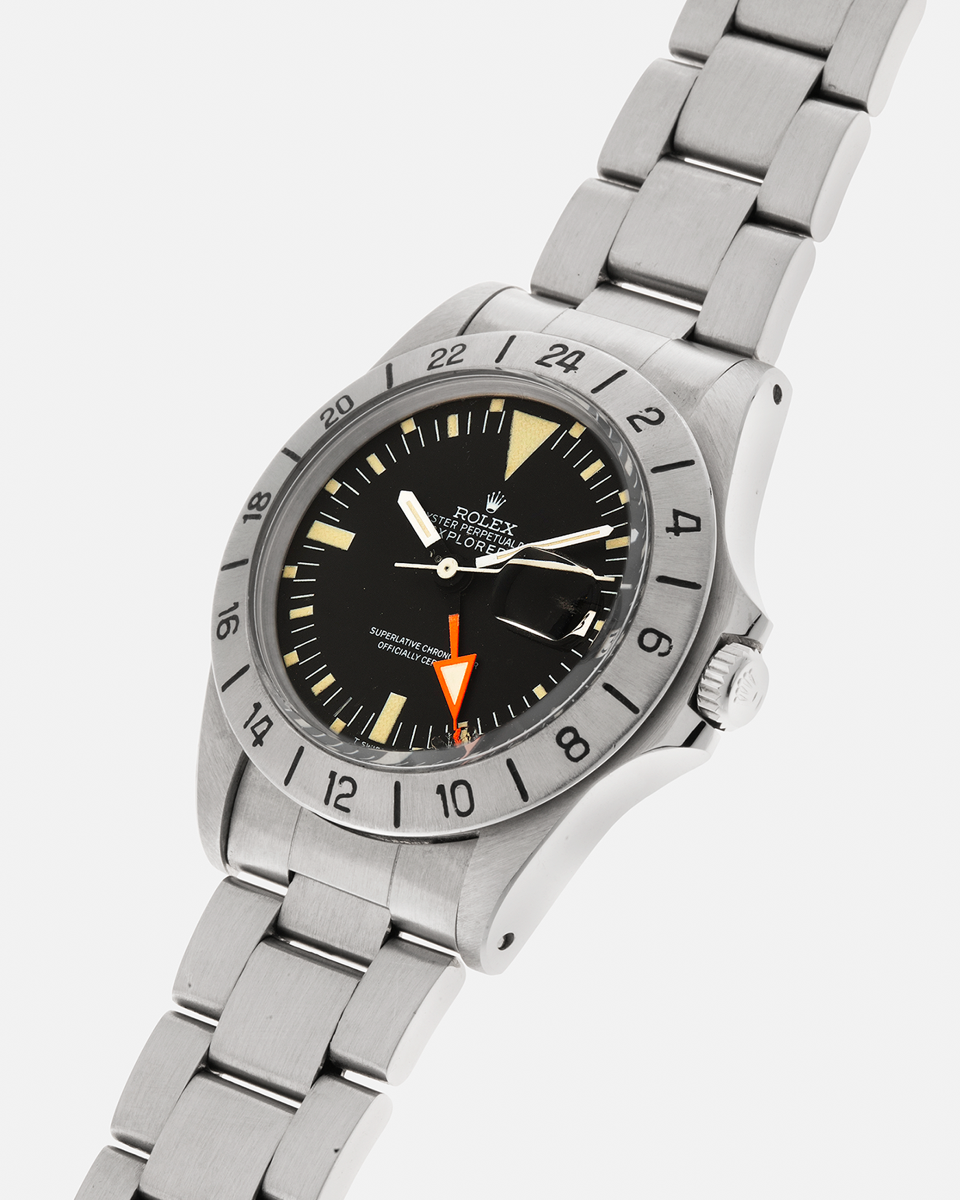 Brand: Rolex Year: 1972 Model: Explorer II ‘Straight Hand’ Reference Number: 1655 Serial Number: 318XXXX Material: Stainless Steel Movement: Rolex Cal. 1575, Self-Winding Case Diameter: 39mm Lug Width: 20mm Bracelet: Rolex VE Steelinox ‘78360’ Oyster Bracelet with ‘580’ Curved End Links, additional Rolex C&I Riveted Bracelet