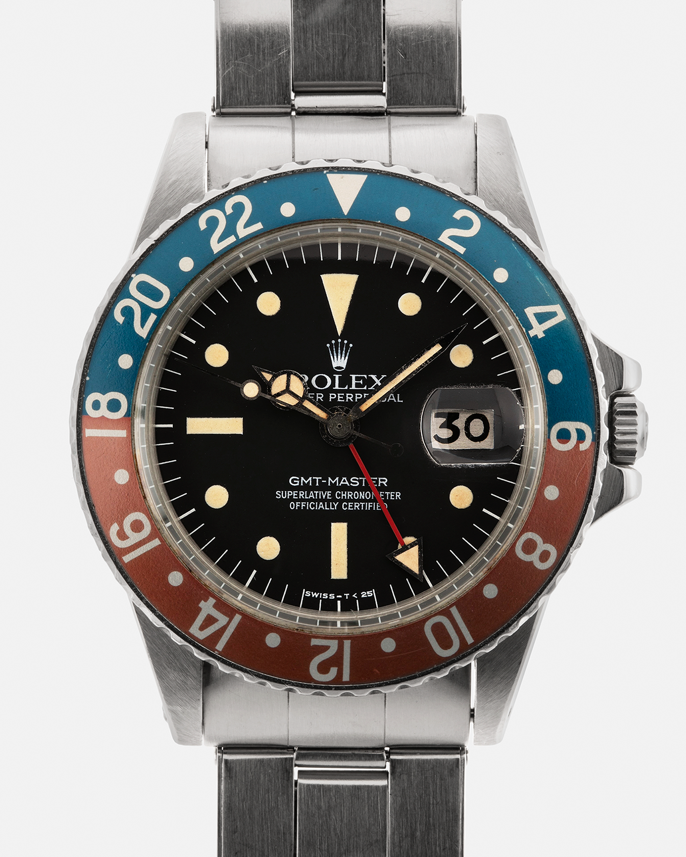 Brand: Rolex
Year: 1976
Model: GMT-Master
Reference Number: 1675
Serial Number: 420XXXX
Material: Stainless Steel
Movement: Rolex Cal. 1575, Self-Winding
Case Dimensions: 40mm x 13mm (Lug-to-Lug 47.5mm)
Lug Width: 20mm
Bracelet: Rolex Stainless Steel Folded Oyster Bracelet with Signed ‘76’ Marked Deployant Clasp