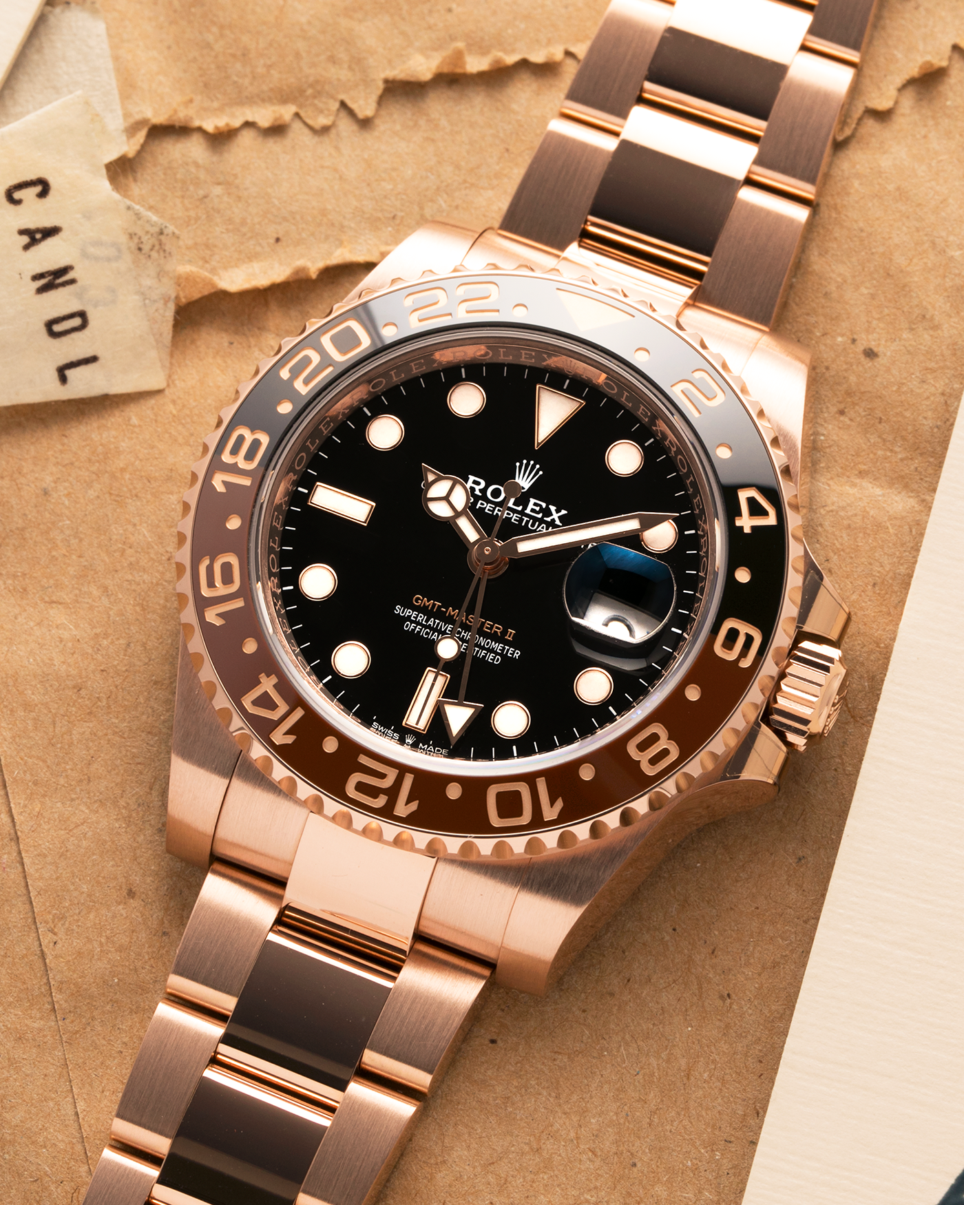 Brand: Rolex
Year: 2022
Model: GMT Master II
Reference Number: 126715CHNR
Material: 18-carat Everose
Movement: Rolex Cal. 3285, Self-Winding
Case Dimensions: 40mm x 12.3mm (Lug-to-Lug 48mm)
Lug Width: 20mm
Bracelet: Rolex Oyster Bracelet in 18-carat Everose with Signed Oysterlock Folding Clasp