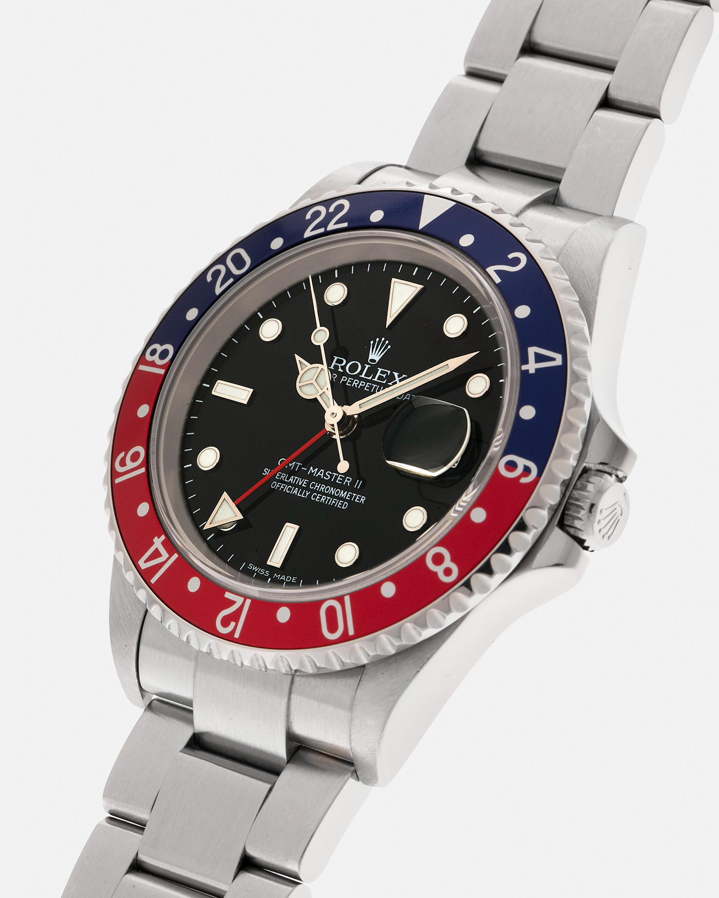 Brand: Rolex
Year: 2007
Model: GMT-Master II Pepsi ‘Stick Dial’
Reference Number: 16710
Serial Number: M236XXX
Material: Stainless Steel
Movement: Rolex Cal. 3186, Self-Winding
Case Dimensions: 40mm x 12.5mm (Lug-to-Lug 47mm)
Lug Width: 20mm
Bracelet: Rolex Oyster ‘78790A’ Bracelet with Folding Clasp in Stainless Steel