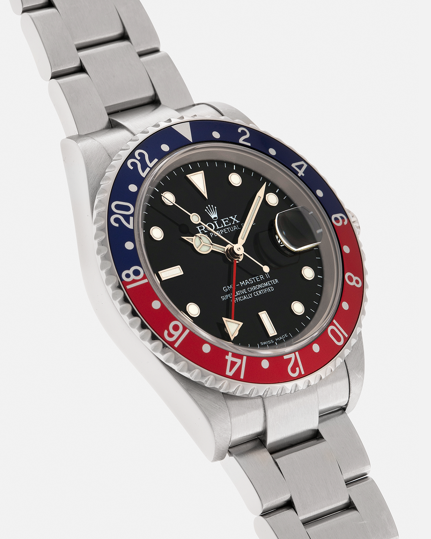 Brand: Rolex
Year: 2007
Model: GMT-Master II Pepsi ‘Stick Dial’
Reference Number: 16710
Serial Number: M236XXX
Material: Stainless Steel
Movement: Rolex Cal. 3186, Self-Winding
Case Dimensions: 40mm x 12.5mm (Lug-to-Lug 47mm)
Lug Width: 20mm
Bracelet: Rolex Oyster ‘78790A’ Bracelet with Folding Clasp in Stainless Steel