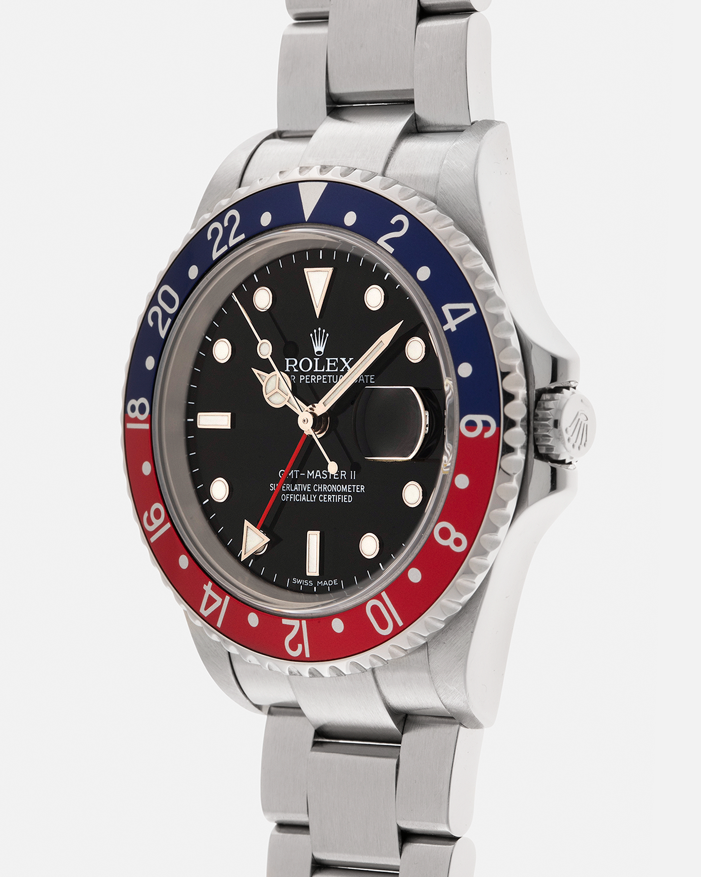 Brand: Rolex
Year: 2007
Model: GMT-Master II Pepsi ‘Stick Dial’
Reference Number: 16710
Serial Number: M236XXX
Material: Stainless Steel
Movement: Rolex Cal. 3186, Self-Winding
Case Dimensions: 40mm x 12.5mm (Lug-to-Lug 47mm)
Lug Width: 20mm
Bracelet: Rolex Oyster ‘78790A’ Bracelet with Folding Clasp in Stainless Steel