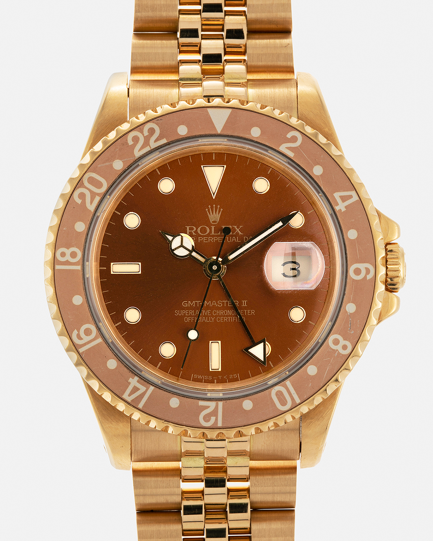 Brand: Rolex
Year: 1994
Model: GMT Master II
Reference Number: 16718
Serial Number: N281XXX
Material: 18-carat Yellow Gold
Movement: Rolex Cal. 3185, Self-Winding
Case Dimensions: 40mm x 12mm (Lug-to-Lug 42.5mm)
Lug Width: 20mm
Bracelet: Rolex 18-carat Yellow Gold 8386 Jubilee Bracelet with 47B Curved End Links