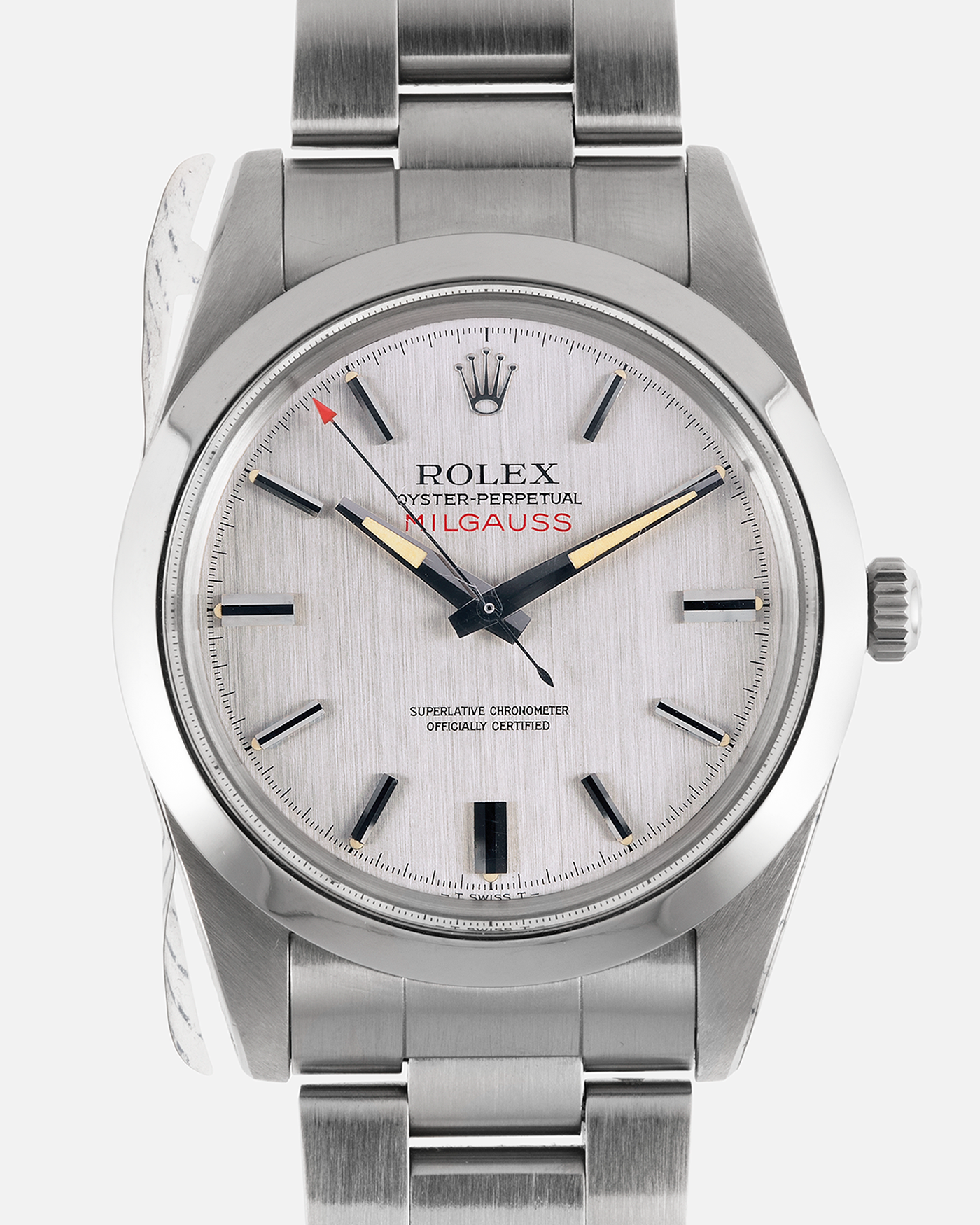 Brand: Rolex
Year Produced: 1979/1980
Year Sold: 1988
Model: Milgauss
Reference Number: 1019
Serial Number: 6.1mil
Material: Stainless Steel
Movement: Rolex Cal. 1580, Self-Winding
Case Dimensions: 38mm
Lug Width: 20mm
Bracelet: Rolex 78360 Oyster Bracelet with Signed Stainless Steel Clasp and 580 End Links
