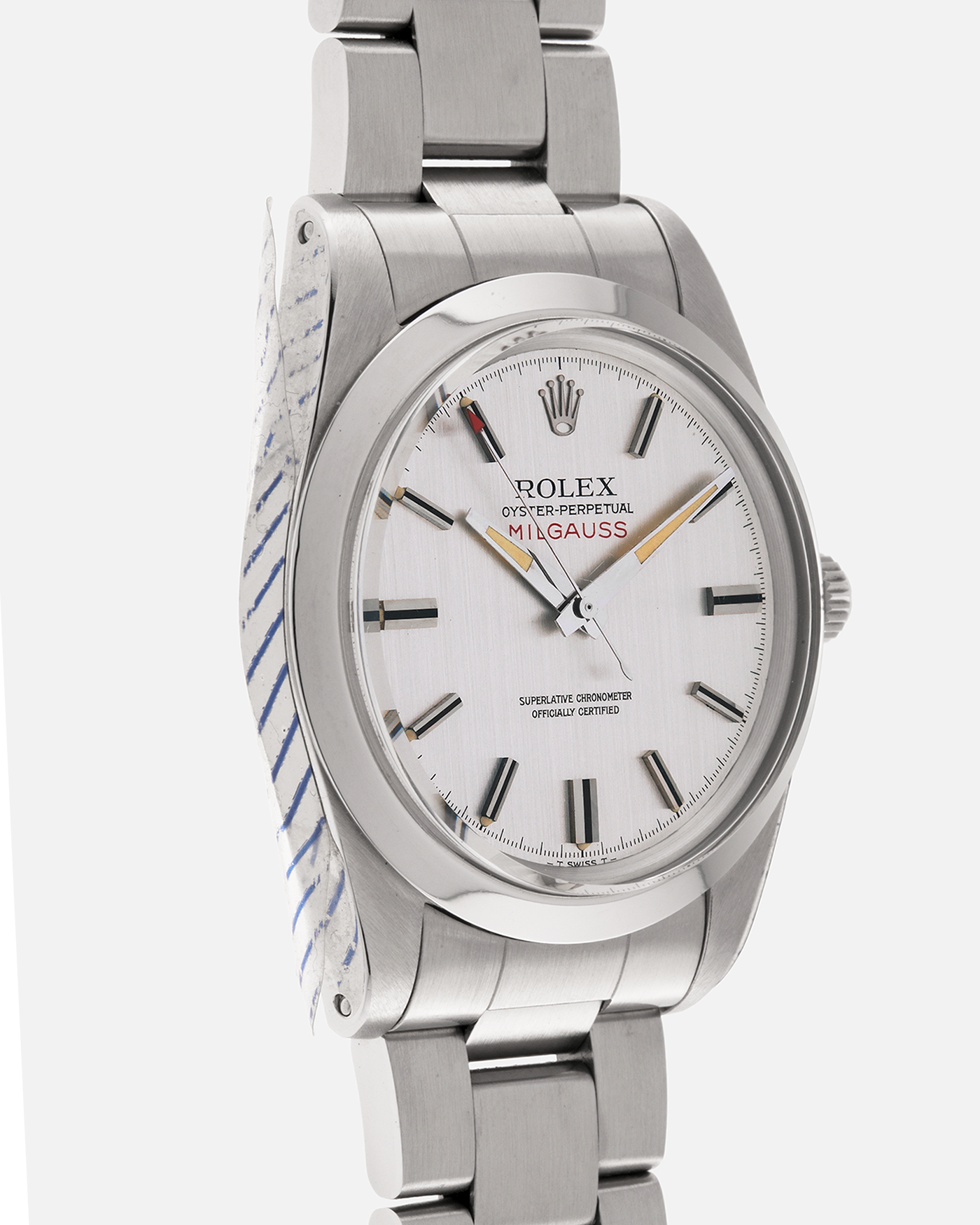 Brand: Rolex
Year Produced: 1979/1980
Year Sold: 1988
Model: Milgauss
Reference Number: 1019
Serial Number: 6.1mil
Material: Stainless Steel
Movement: Rolex Cal. 1580, Self-Winding
Case Dimensions: 38mm
Lug Width: 20mm
Bracelet: Rolex 78360 Oyster Bracelet with Signed Stainless Steel Clasp and 580 End Links