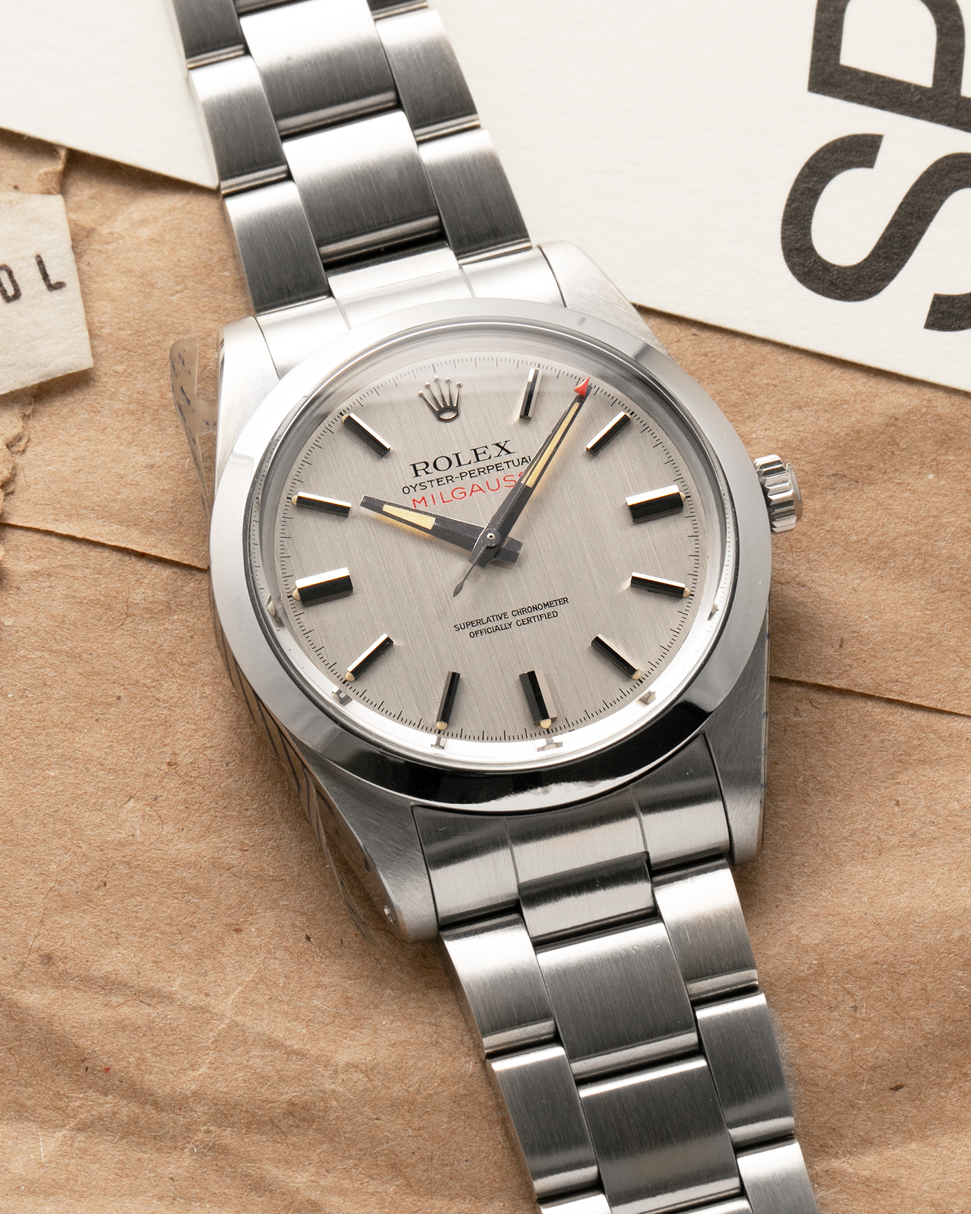 Brand: Rolex
Year Produced: 1979/1980
Year Sold: 1988
Model: Milgauss
Reference Number: 1019
Serial Number: 6.1mil
Material: Stainless Steel
Movement: Rolex Cal. 1580, Self-Winding
Case Dimensions: 38mm
Lug Width: 20mm
Bracelet: Rolex 78360 Oyster Bracelet with Signed Stainless Steel Clasp and 580 End Links