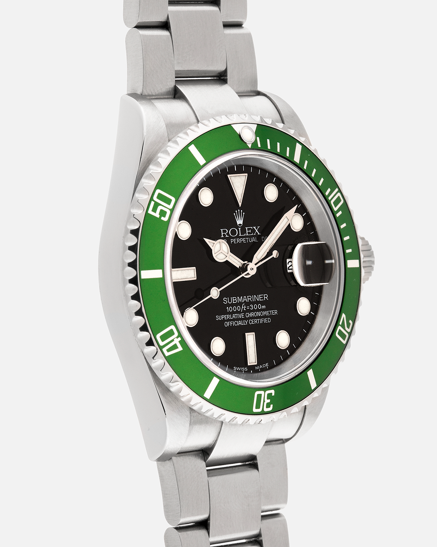 Brand: Rolex
Year: 2003
Model: Submariner ‘Kermit’
Reference Number: 16610LV
Serial Number: F Serial
Material: Stainless Steel
Movement: Cal. 3135
Case Diameter: 40mm
Lug Width: 20mm
Bracelet/Strap: Rolex 93250 Bracelet with AD9 Clasp Code