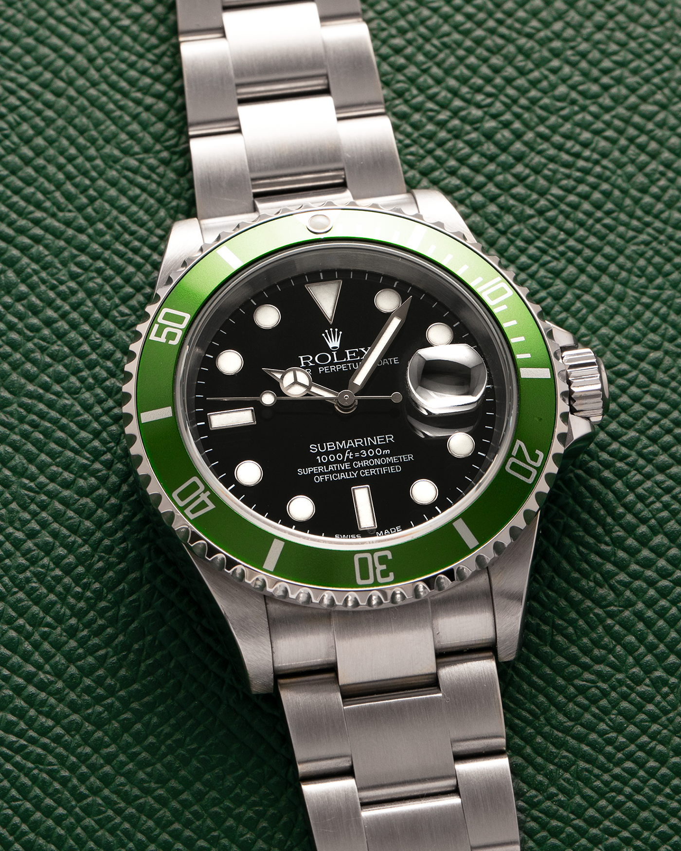 Brand: Rolex
Year: 2003
Model: Submariner ‘Kermit’
Reference Number: 16610LV
Serial Number: F Serial
Material: Stainless Steel
Movement: Cal. 3135
Case Diameter: 40mm
Lug Width: 20mm
Bracelet/Strap: Rolex 93250 Bracelet with AD9 Clasp Code