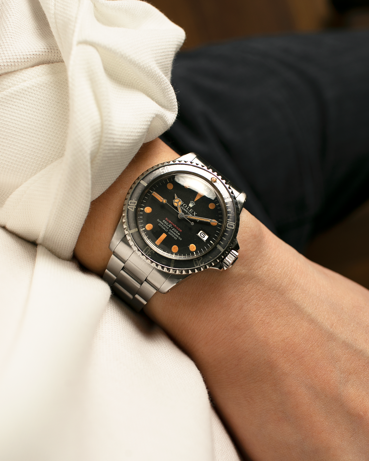 Brand: Rolex
Year: 1972
Model: Submariner
Reference Number: 1680 ‘Red’
Serial Number: 308XXXX
Material: Stainless Steel
Movement: Rolex Cal. 1575, Self-Winding
Case Dimensions: 40mm x 16mm including Domed Crystal (Lug-to-Lug 47.5mm)
Lug Width: 20mm
Bracelet: Rolex 93150 Oyster Bracelet with Signed Stainless Steel Clasp