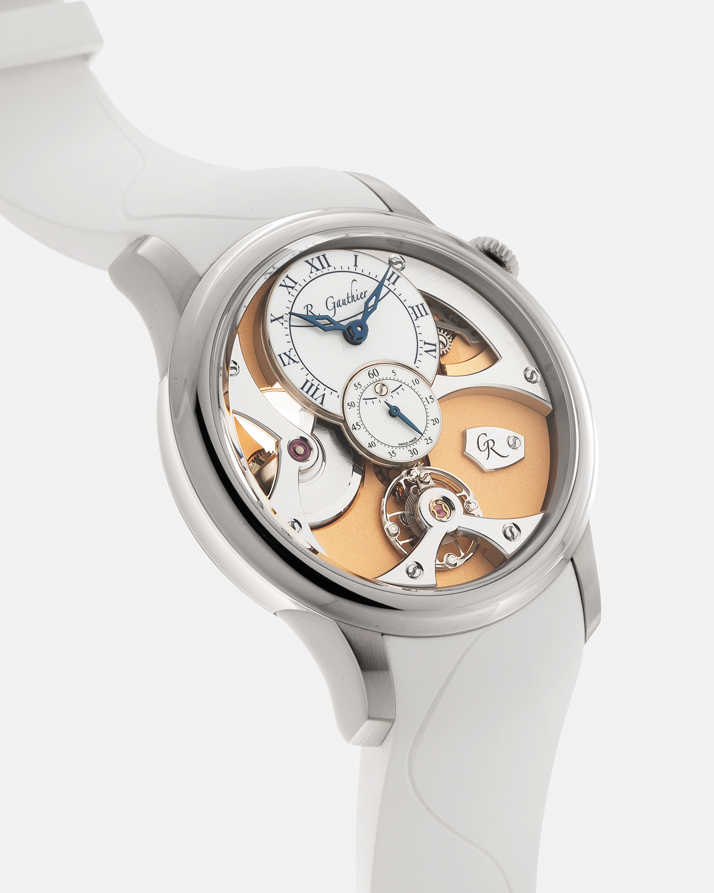 Brand: Romain Gauthier Year: 2023 Model: Insight Micro-Rotor, Limited Edition of 10 Pieces in this Configuration Reference Number: MON00360 Material: 18-carat White Gold Case, Oven-Fired Grand Feu White Enamel Dial Movement: Romain Gauthier Insight Micro-Rotor Caliber, Self-Winding Case Dimensions: 39.5mm x 12.9mm Strap: Romain Gauthier White Rubber Strap with Signed 18-carat White Gold Tang Buckle and Additional Romain Gauthier Brown Alligator Strap