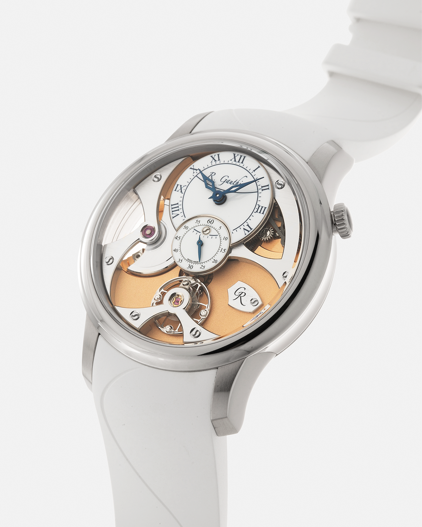 Brand: Romain Gauthier Year: 2023 Model: Insight Micro-Rotor, Limited Edition of 10 Pieces in this Configuration Reference Number: MON00360 Material: 18-carat White Gold Case, Oven-Fired Grand Feu White Enamel Dial Movement: Romain Gauthier Insight Micro-Rotor Caliber, Self-Winding Case Dimensions: 39.5mm x 12.9mm Strap: Romain Gauthier White Rubber Strap with Signed 18-carat White Gold Tang Buckle and Additional Romain Gauthier Brown Alligator Strap