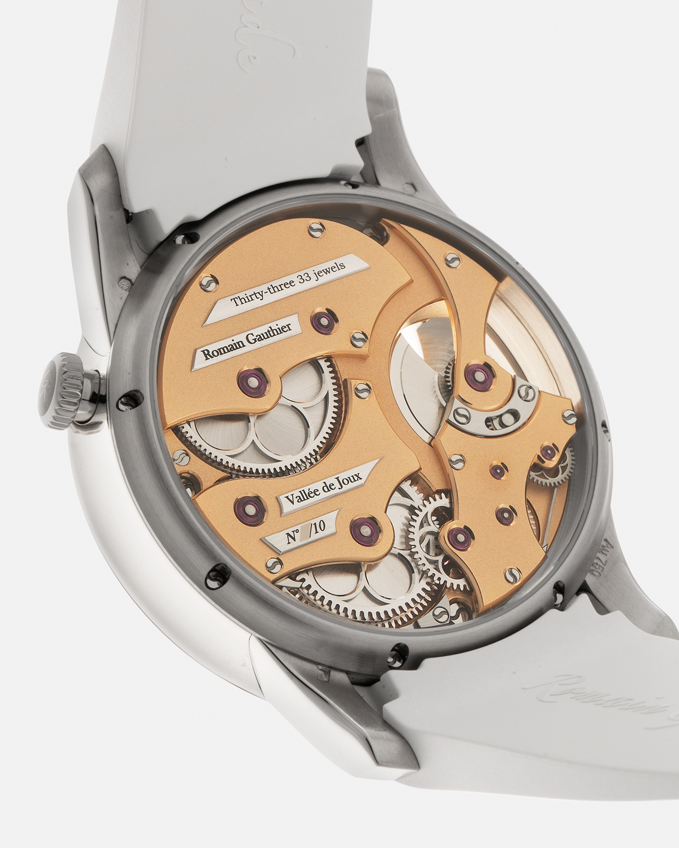 Brand: Romain Gauthier Year: 2023 Model: Insight Micro-Rotor, Limited Edition of 10 Pieces in this Configuration Reference Number: MON00360 Material: 18-carat White Gold Case, Oven-Fired Grand Feu White Enamel Dial Movement: Romain Gauthier Insight Micro-Rotor Caliber, Self-Winding Case Dimensions: 39.5mm x 12.9mm Strap: Romain Gauthier White Rubber Strap with Signed 18-carat White Gold Tang Buckle and Additional Romain Gauthier Brown Alligator Strap