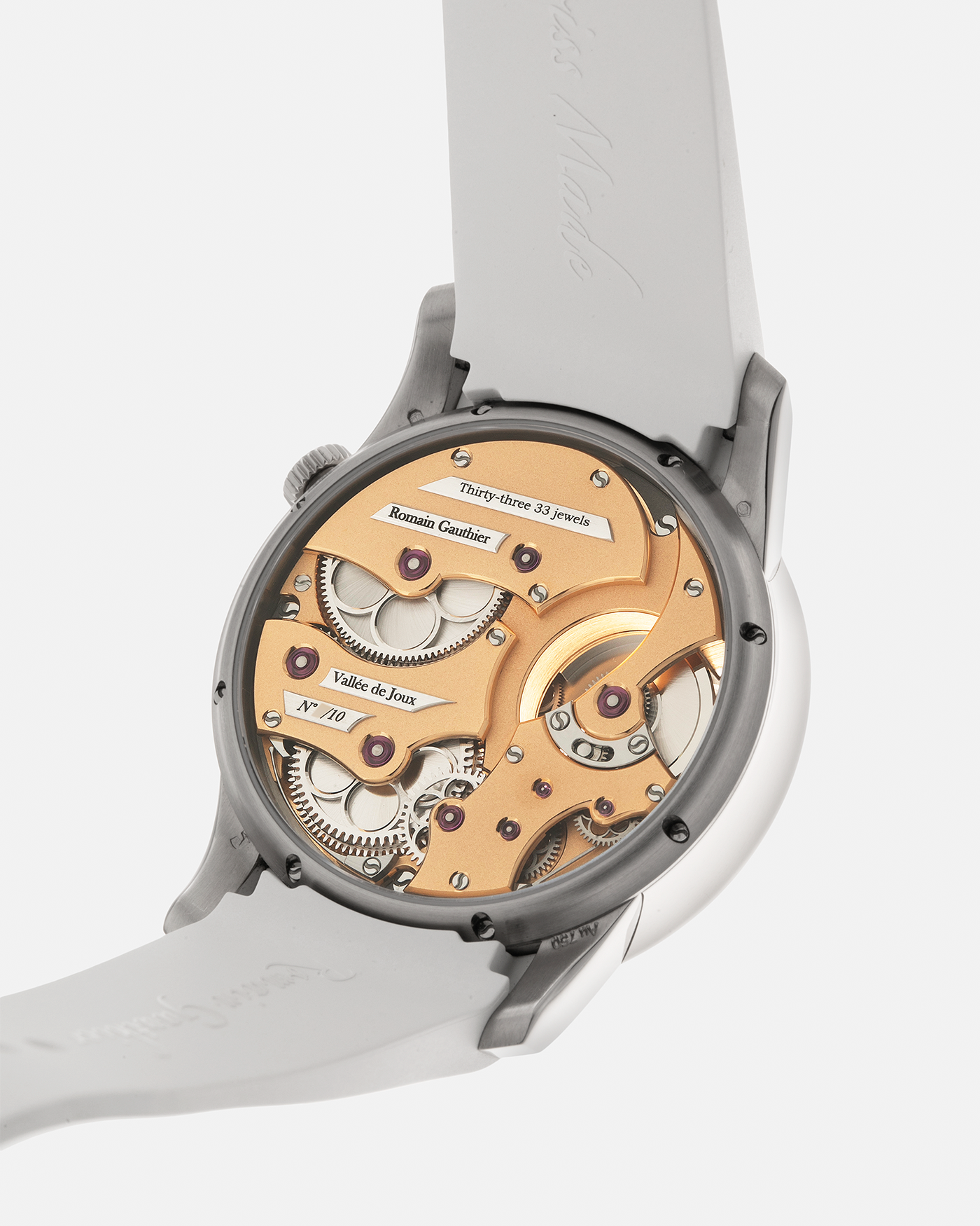 Brand: Romain Gauthier Year: 2023 Model: Insight Micro-Rotor, Limited Edition of 10 Pieces in this Configuration Reference Number: MON00360 Material: 18-carat White Gold Case, Oven-Fired Grand Feu White Enamel Dial Movement: Romain Gauthier Insight Micro-Rotor Caliber, Self-Winding Case Dimensions: 39.5mm x 12.9mm Strap: Romain Gauthier White Rubber Strap with Signed 18-carat White Gold Tang Buckle and Additional Romain Gauthier Brown Alligator Strap