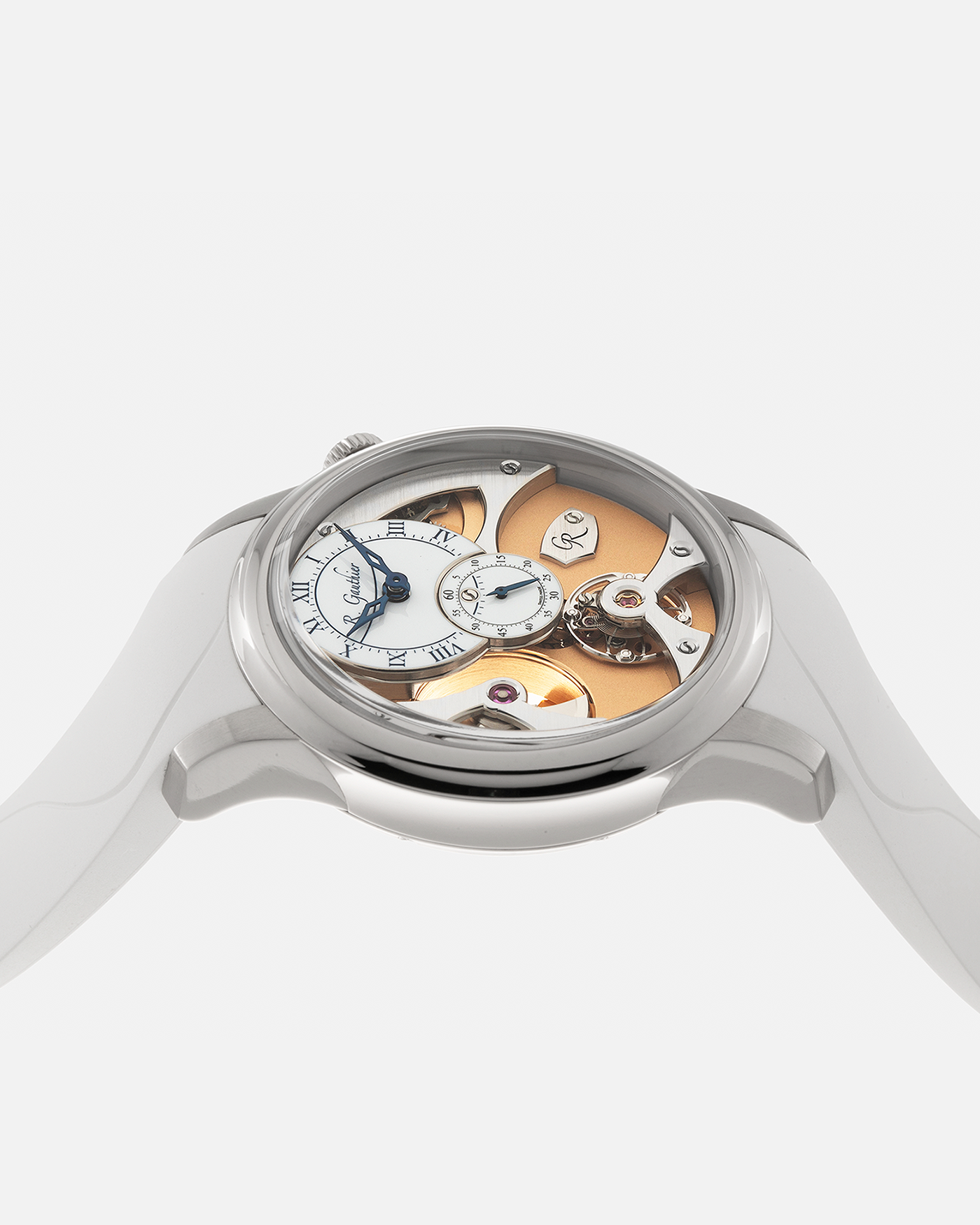 Brand: Romain Gauthier Year: 2023 Model: Insight Micro-Rotor, Limited Edition of 10 Pieces in this Configuration Reference Number: MON00360 Material: 18-carat White Gold Case, Oven-Fired Grand Feu White Enamel Dial Movement: Romain Gauthier Insight Micro-Rotor Caliber, Self-Winding Case Dimensions: 39.5mm x 12.9mm Strap: Romain Gauthier White Rubber Strap with Signed 18-carat White Gold Tang Buckle and Additional Romain Gauthier Brown Alligator Strap