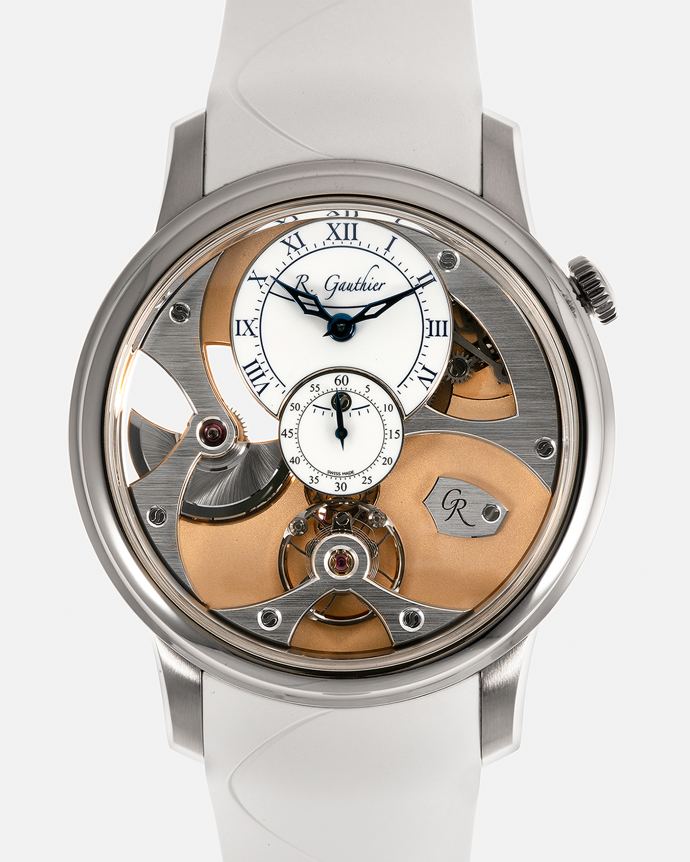 Brand: Romain Gauthier Year: 2023 Model: Insight Micro-Rotor, Limited Edition of 10 Pieces in this Configuration Reference Number: MON00360 Material: 18-carat White Gold Case, Oven-Fired Grand Feu White Enamel Dial Movement: Romain Gauthier Insight Micro-Rotor Caliber, Self-Winding Case Dimensions: 39.5mm x 12.9mm Strap: Romain Gauthier White Rubber Strap with Signed 18-carat White Gold Tang Buckle and Additional Romain Gauthier Brown Alligator Strap