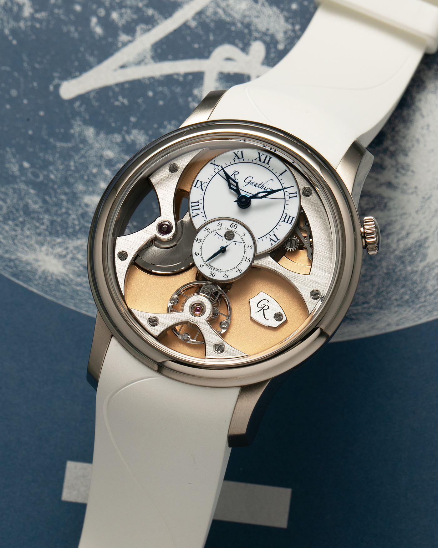 Brand: Romain Gauthier Year: 2023 Model: Insight Micro-Rotor, Limited Edition of 10 Pieces in this Configuration Reference Number: MON00360 Material: 18-carat White Gold Case, Oven-Fired Grand Feu White Enamel Dial Movement: Romain Gauthier Insight Micro-Rotor Caliber, Self-Winding Case Dimensions: 39.5mm x 12.9mm Strap: Romain Gauthier White Rubber Strap with Signed 18-carat White Gold Tang Buckle and Additional Romain Gauthier Brown Alligator Strap